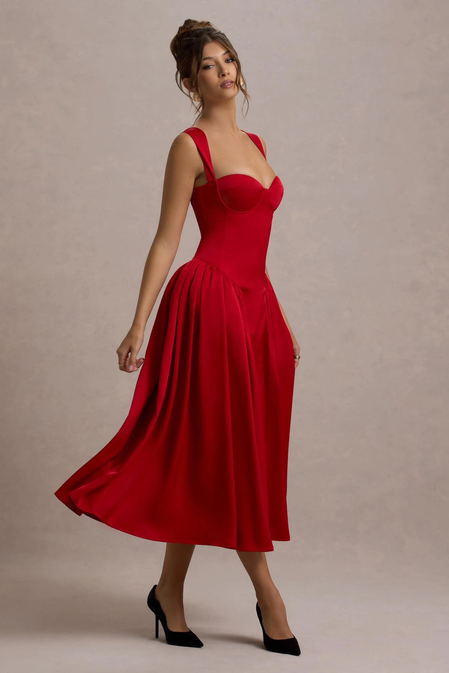 Covia | Red Satin Sweetheart Midi Dress