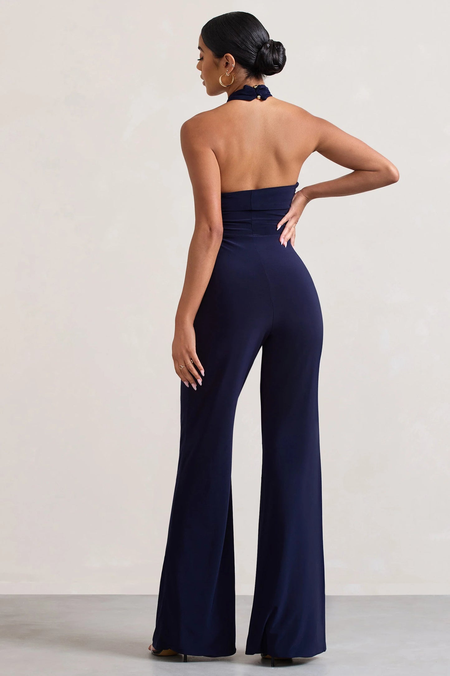 Goddess | Navy Halter Neck Flare Jumpsuit