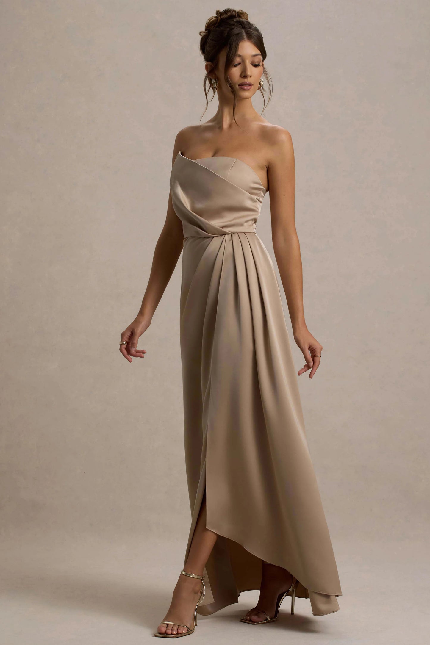 Cairo | Champagne Satin Strapless Draped Maxi Dress