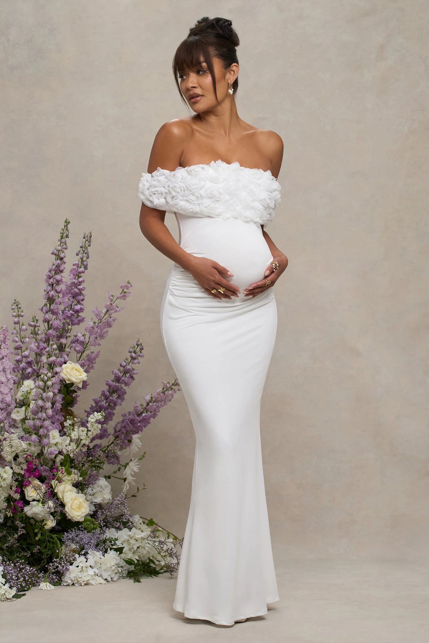 Inflorescence | White Mesh Floral Bardot Maternity Maxi Dress