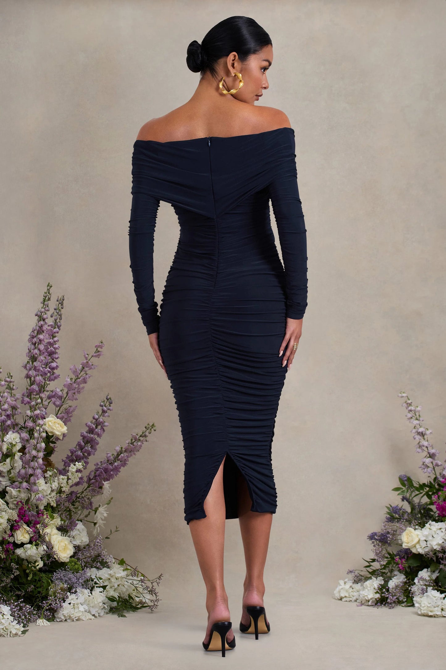 Davina | Navy Ruched Twist Bardot Long-Sleeve Maternity Midi Dress