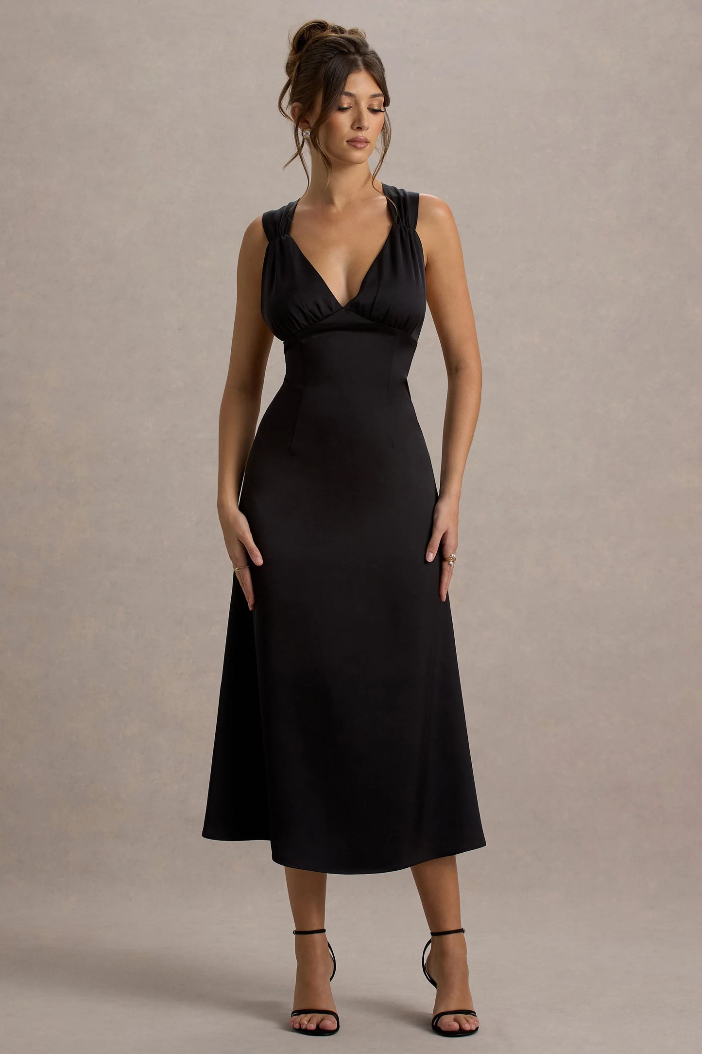 Beck | Black Satin Plunge-Neck Cross-Back Midi Dress