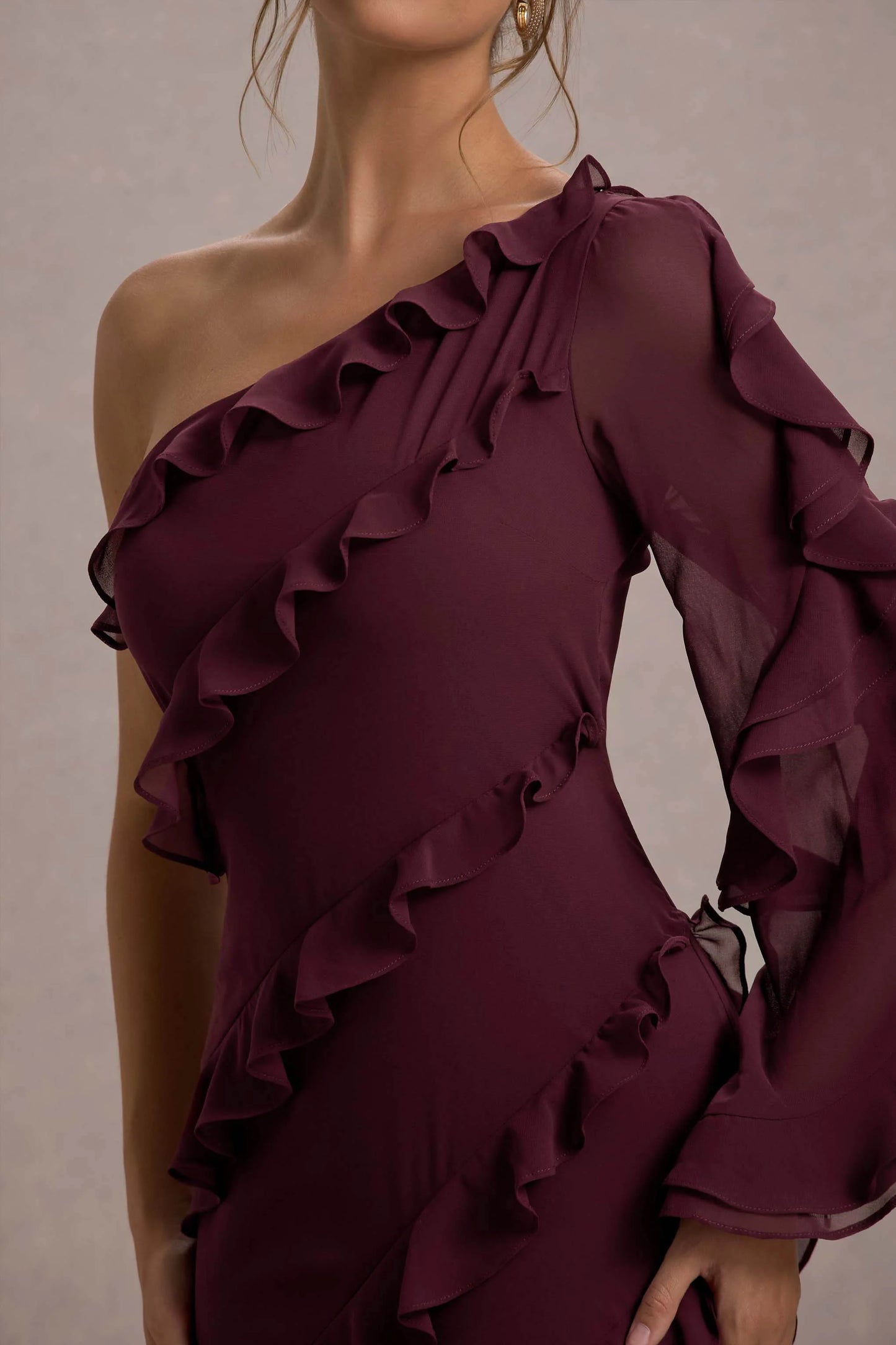 Lalika | Burgundy Asymmetric One-Sleeve Ruffle Maxi Dress