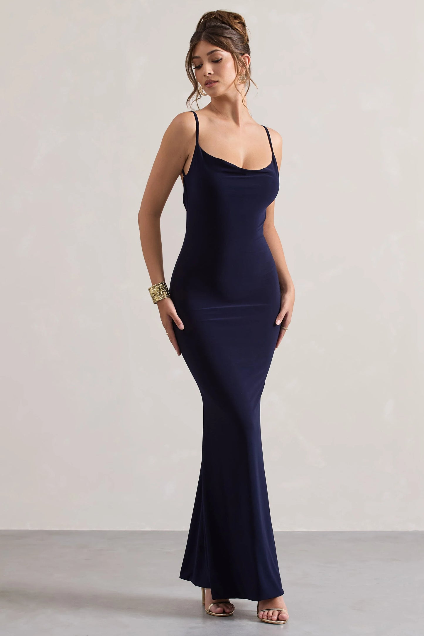 Francoise | Navy Cowl Neck Backless Maxi Dress With Lace Insert