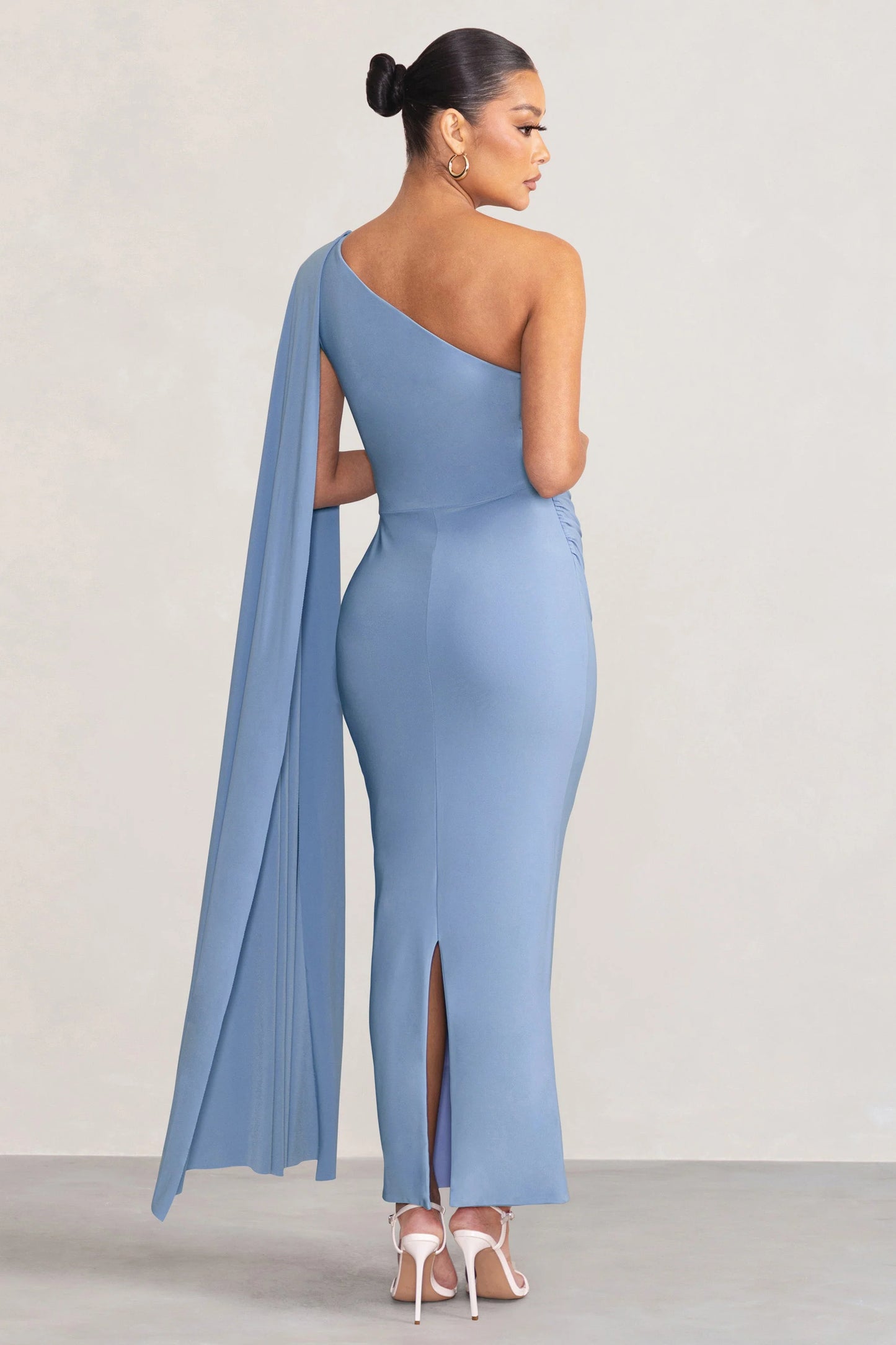 Amaryllis | Powder Blue Maternity One Shoulder Maxi Dress with Cape Sleeve