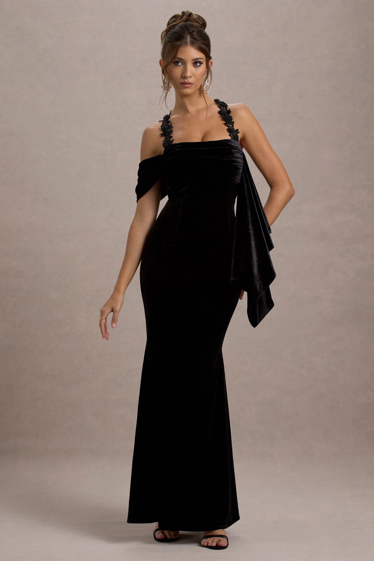 Charlize | Black Velvet Halter-Neck Draped Maxi Dress