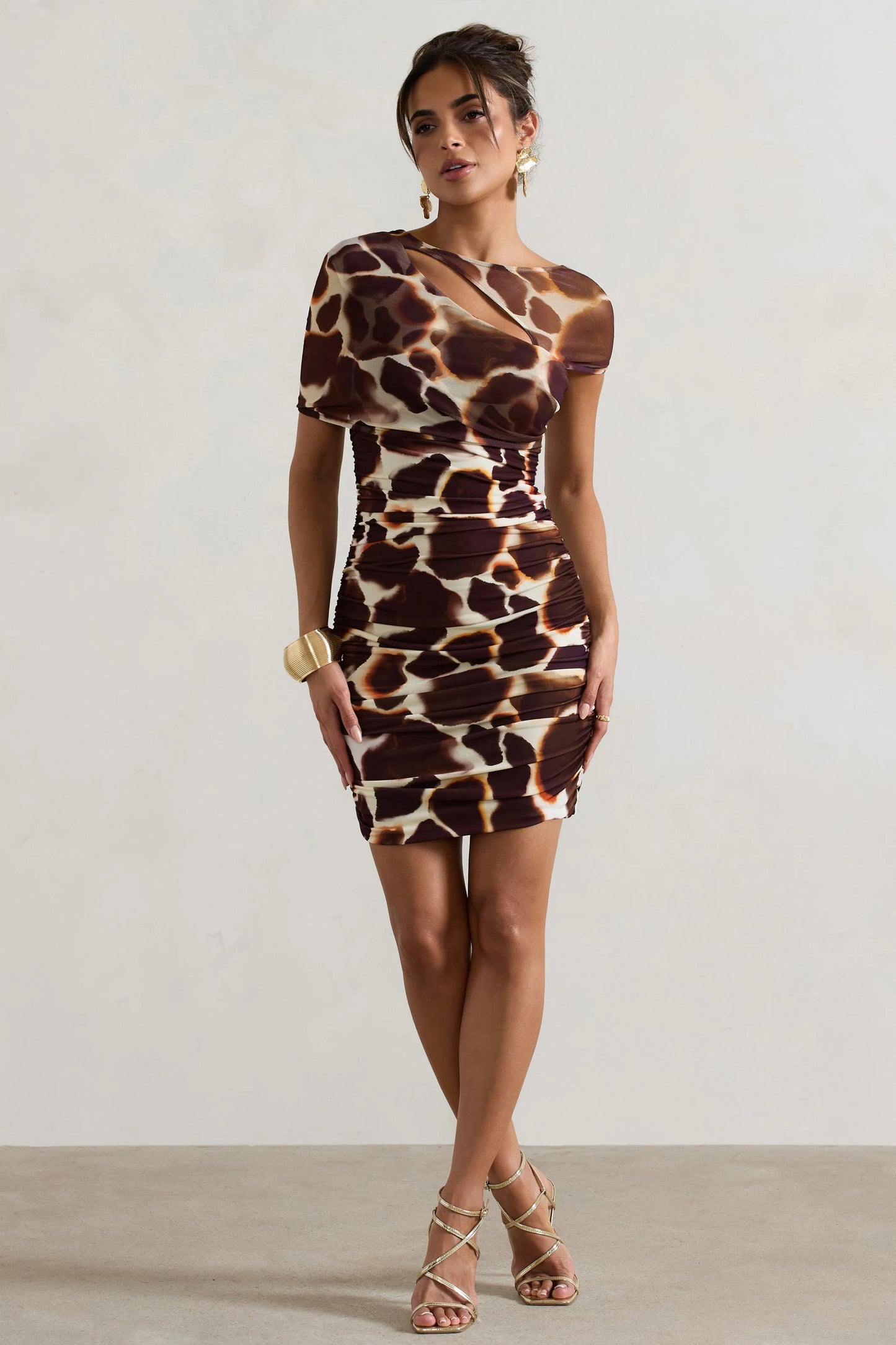 Himalaya | Giraffe Print Ruched Mini Dress With Mesh Overlay