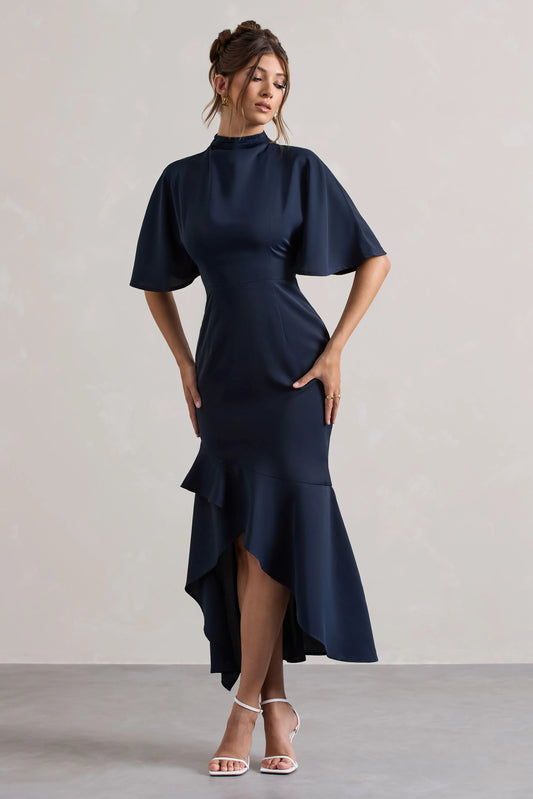 Lavinia | Navy High-Neck Flutter-Sleeve Asymmetric Maxi Dress