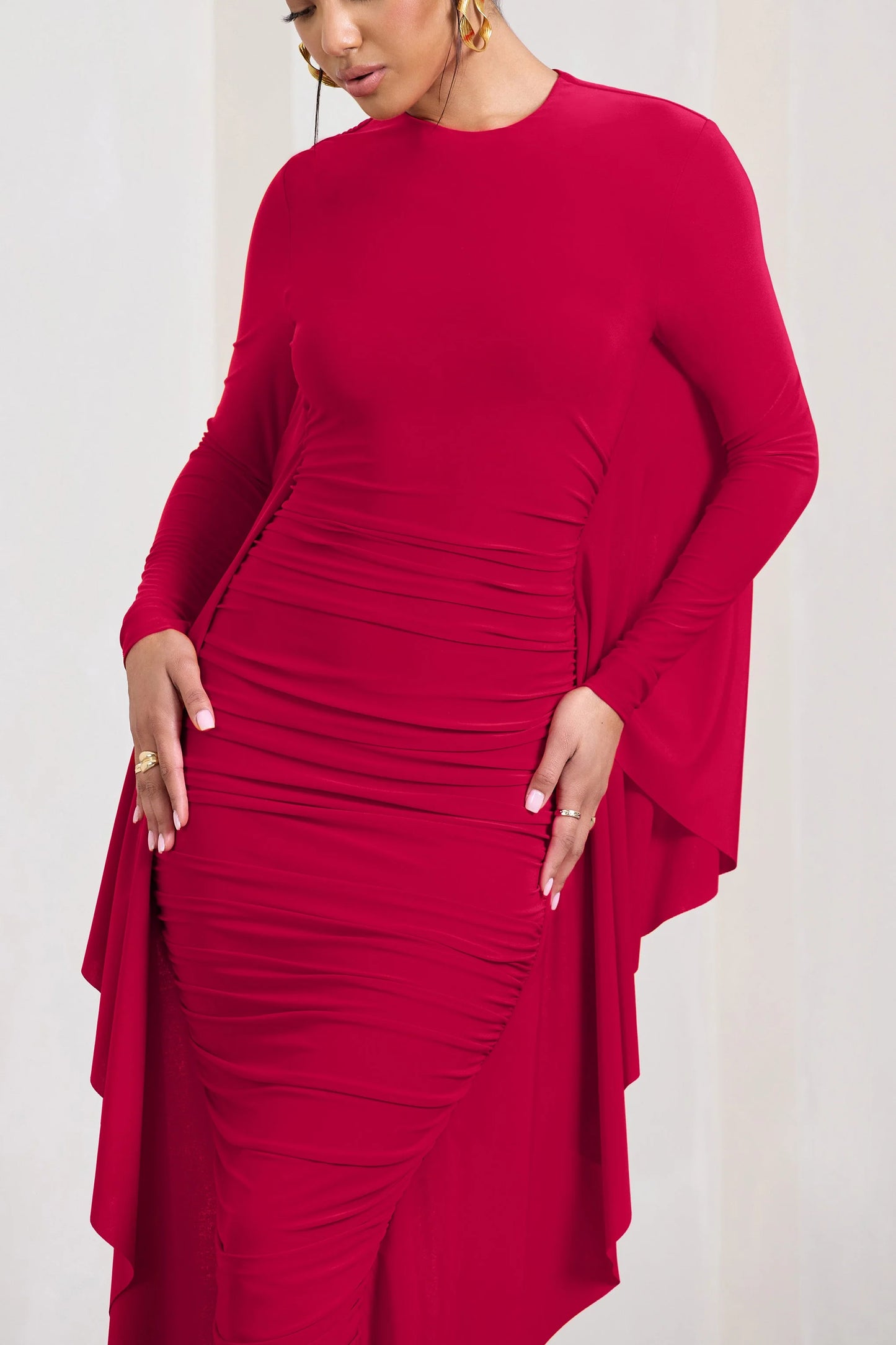 Keva | Red Long Sleeve Ruched Maxi Dress with Cape Detailing