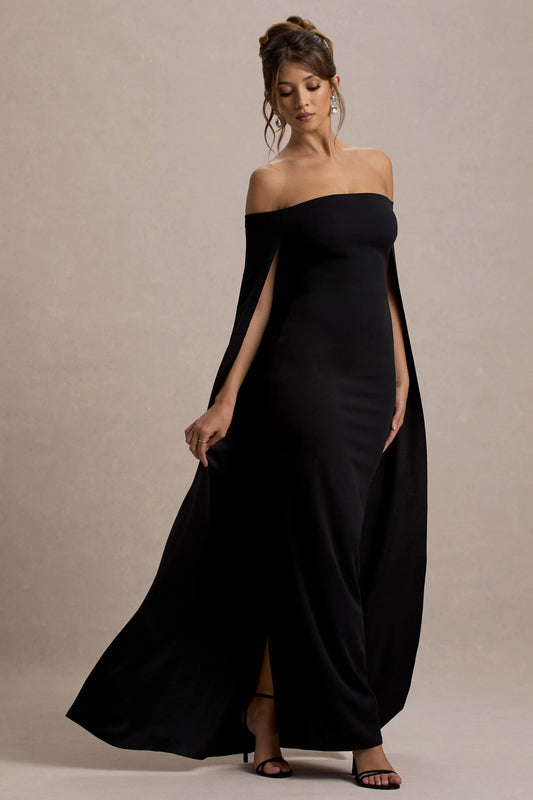 Genovia | Black Bardot Cape Maxi Dress