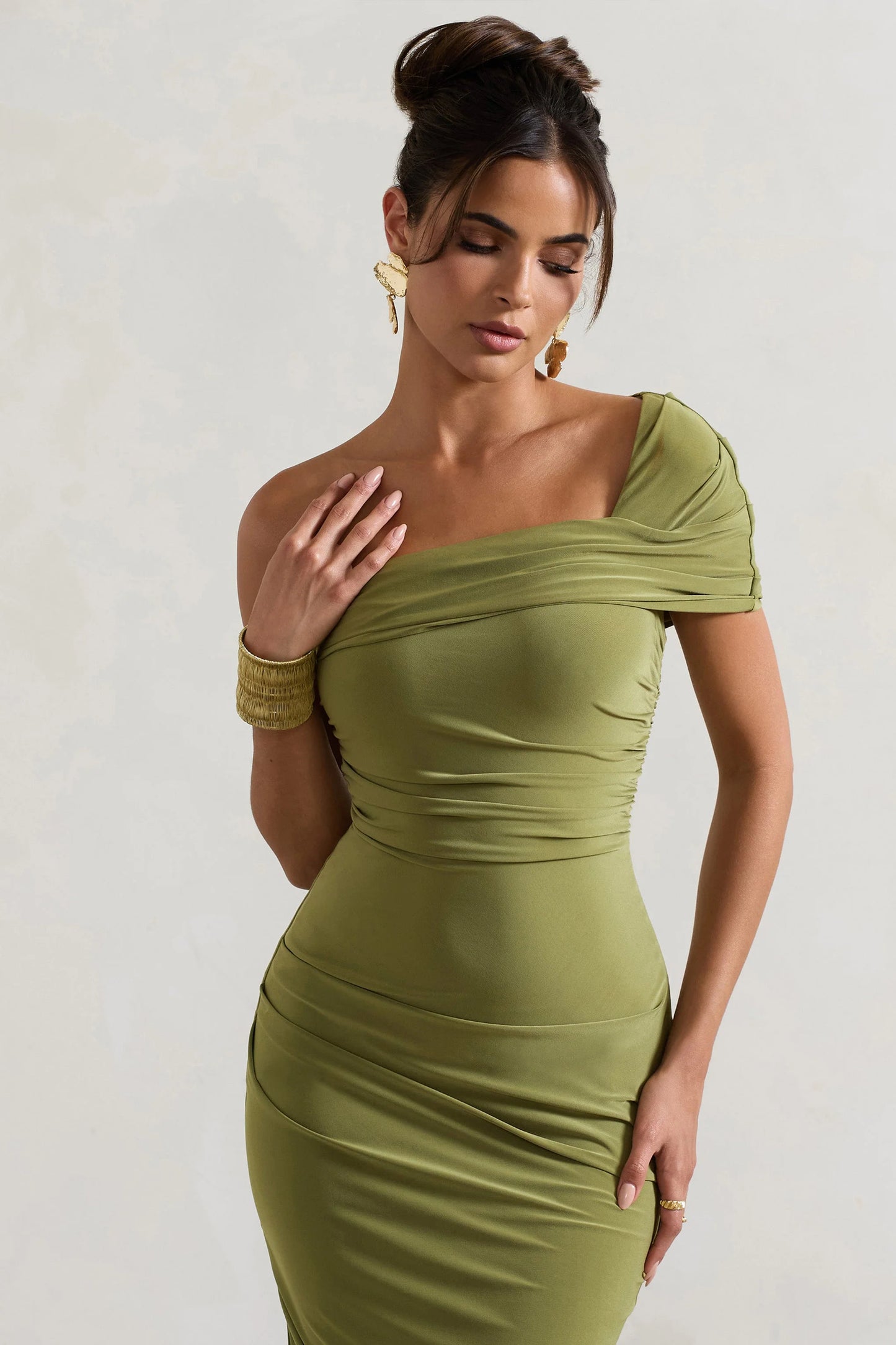 Hawaii | Olive Asymmetric One-Shoulder Split Midi Dress