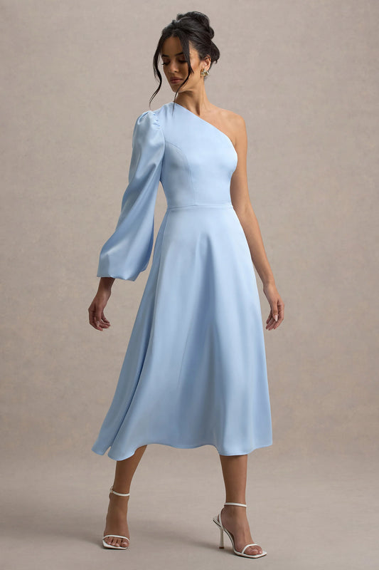 Haila | Powder Blue Satin One-Shoulder Maxi Dress