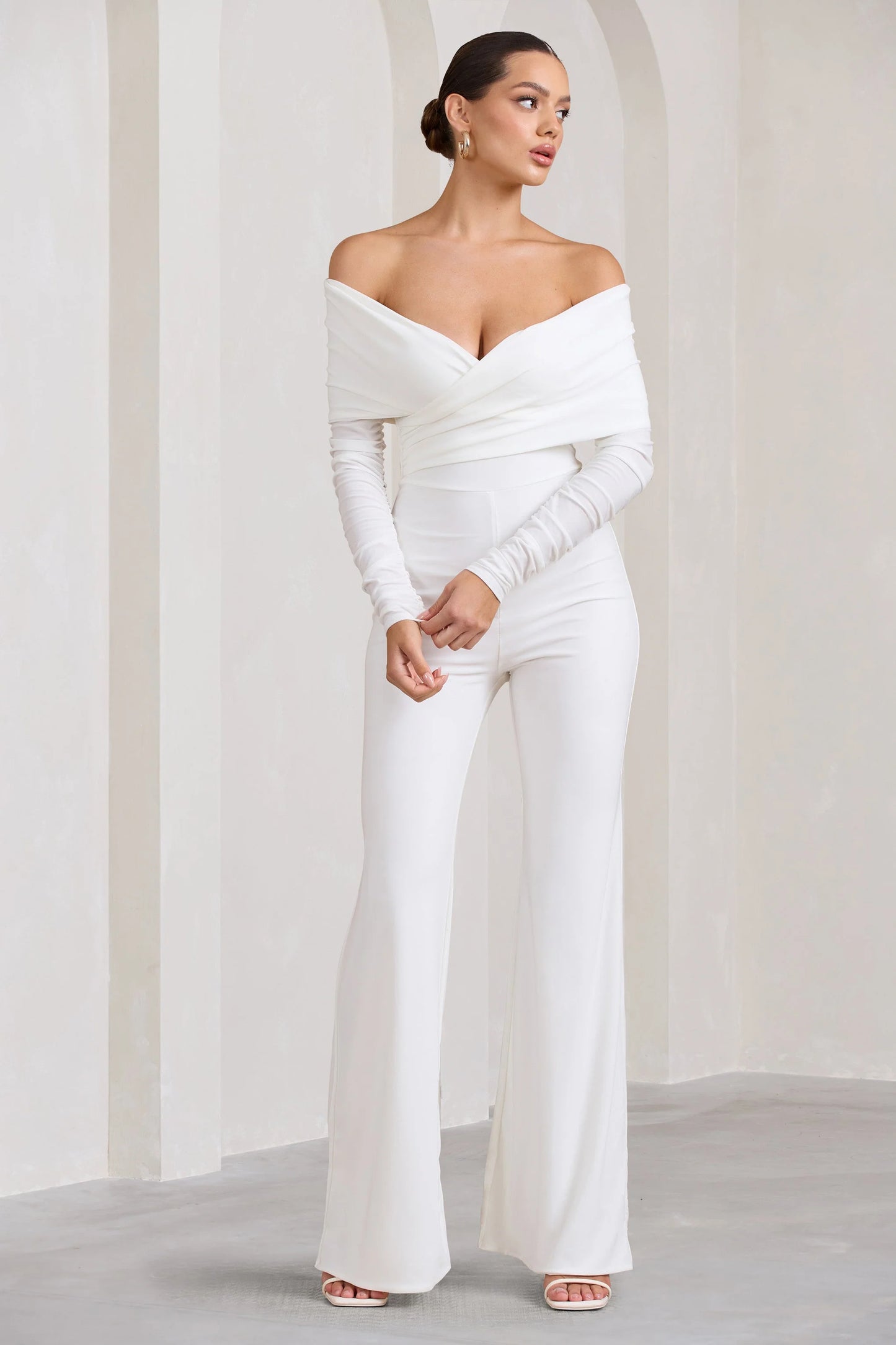 Hand On Heart | White Twist Front Bardot Long Sleeve Jumpsuit