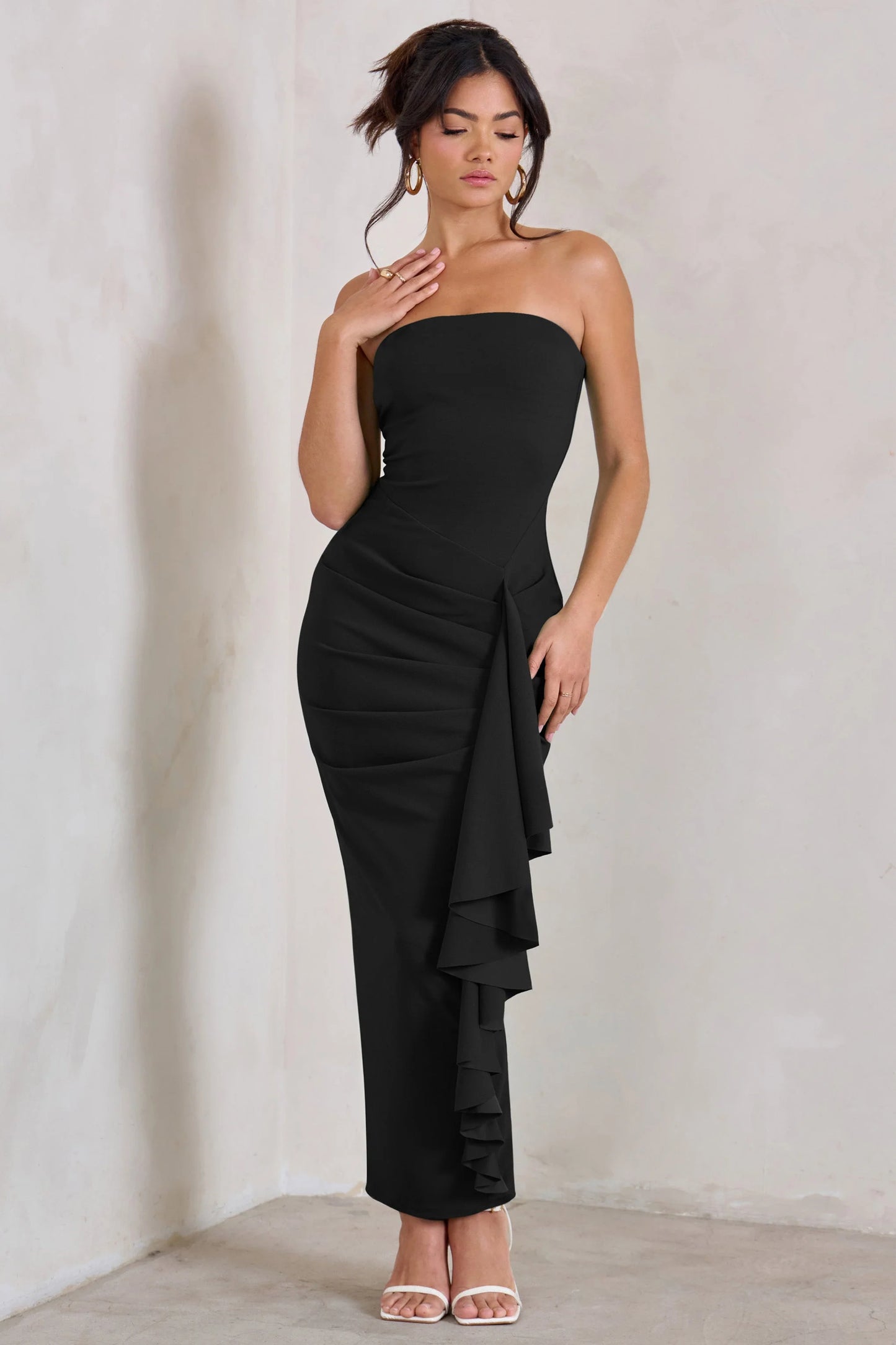 Fleur | Black Bandeau Ruffle Maxi Dress