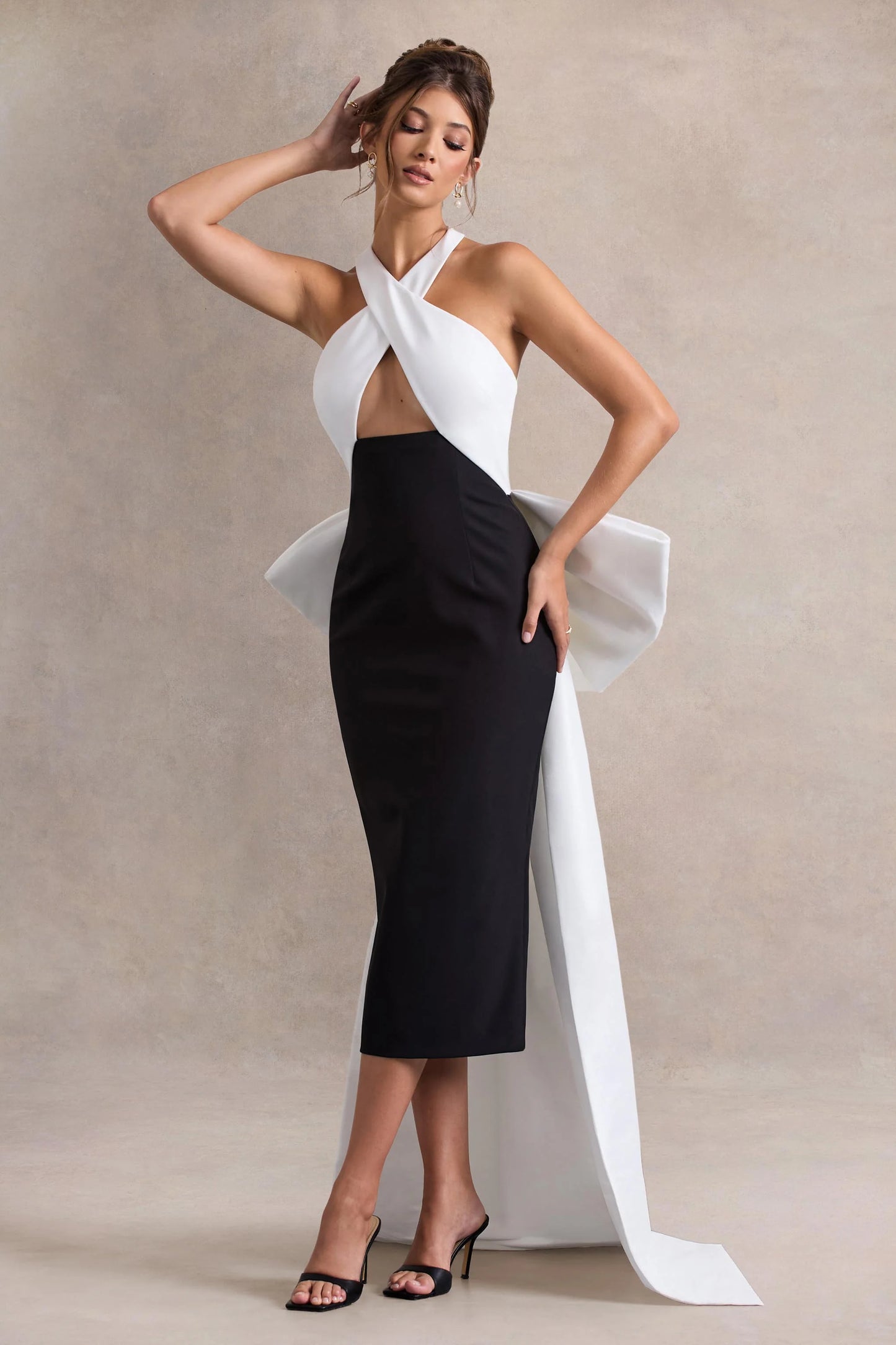 Blanca | Black & White Halter-Neck Cut-Out Midi Dress With Oversized Bow