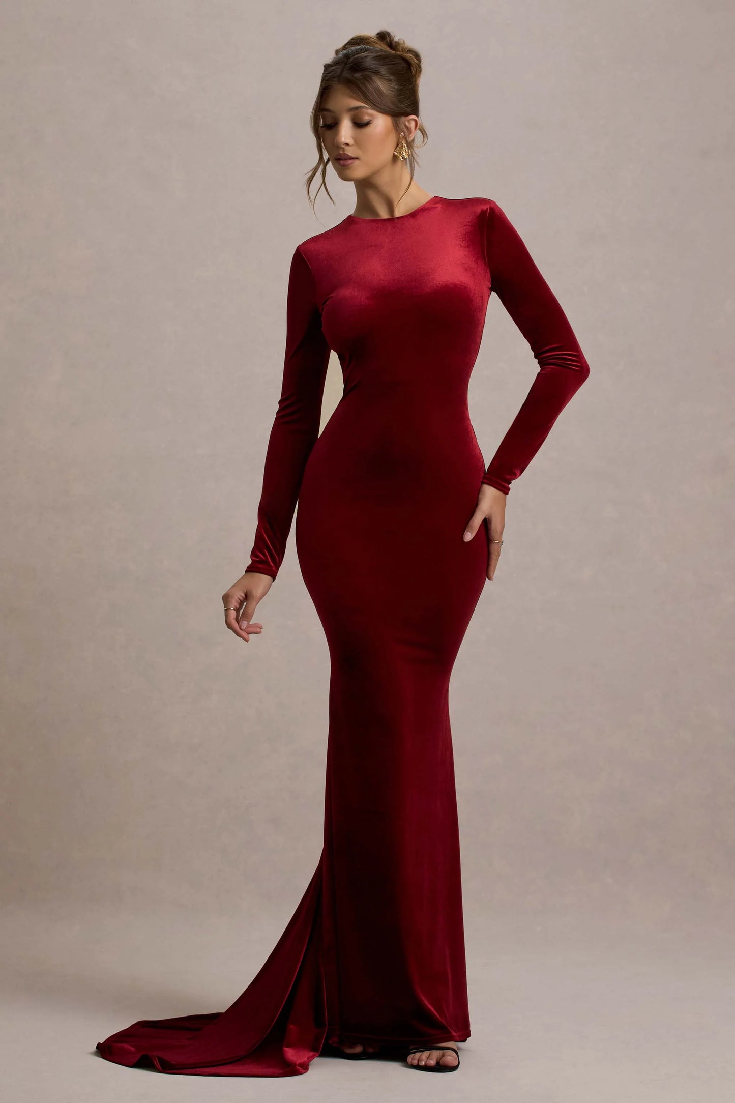 Keaton | Berry Velvet Long-Sleeve Open-Back Maxi Dress