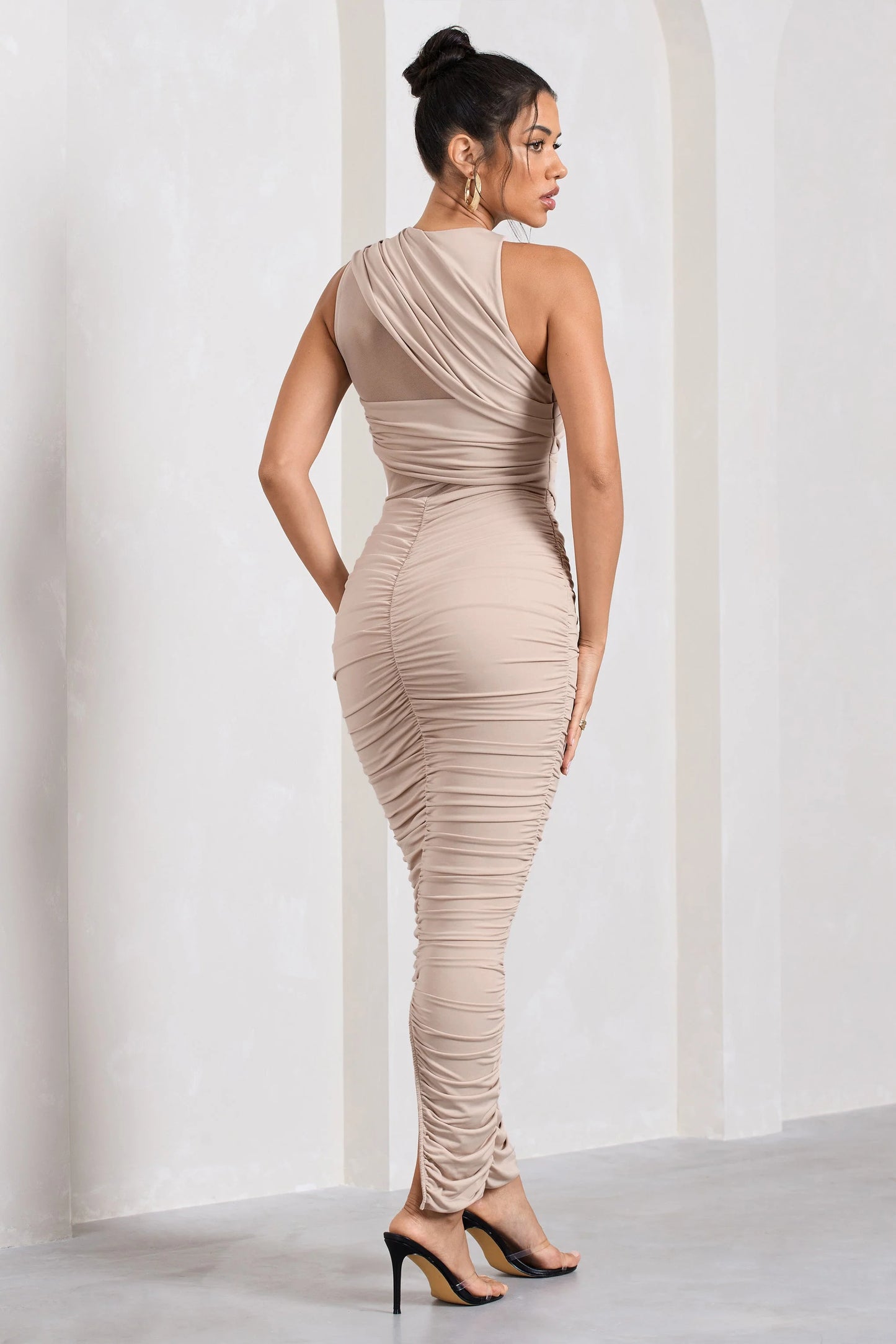 Born With It | Champagne Sleeveless High-Neck Draped Maxi Dress With Mesh Inserts