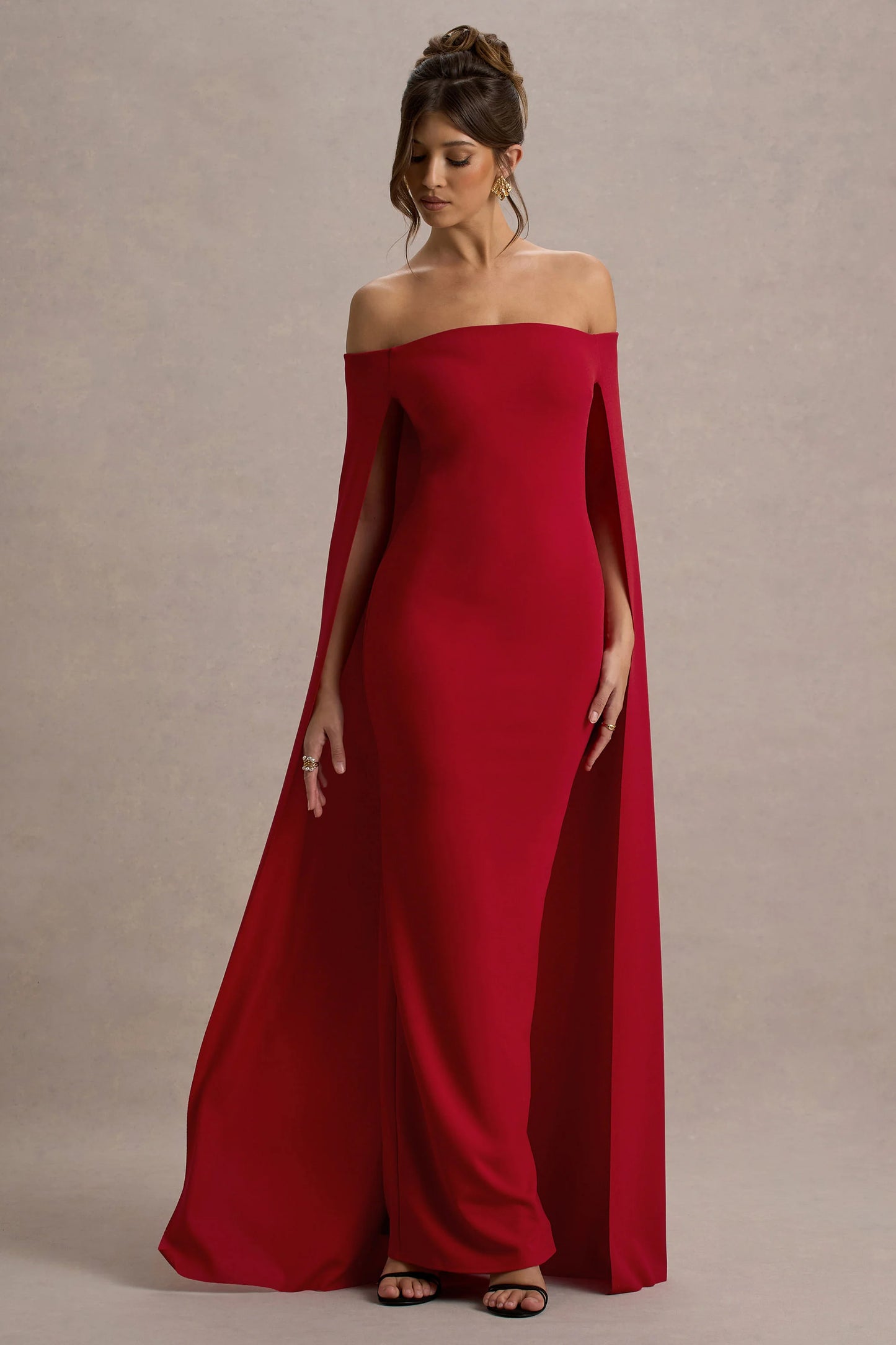 Genovia | Red Bardot Cape Maxi Dress