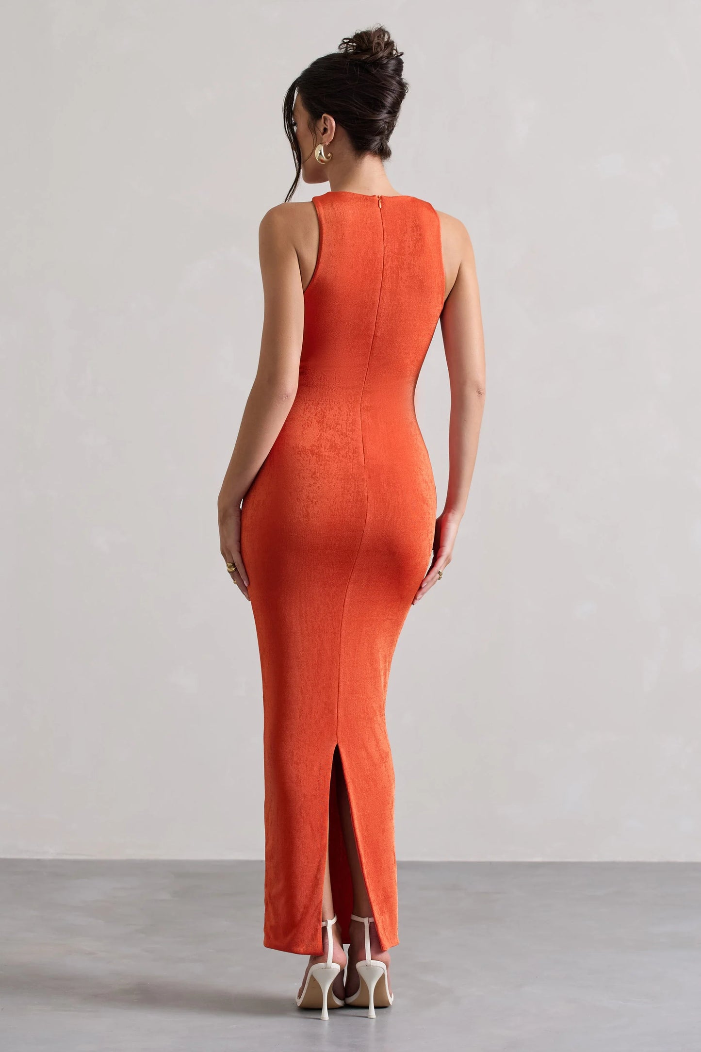 Bombshell | Orange High Neck Diamond Ruched Maxi Dress