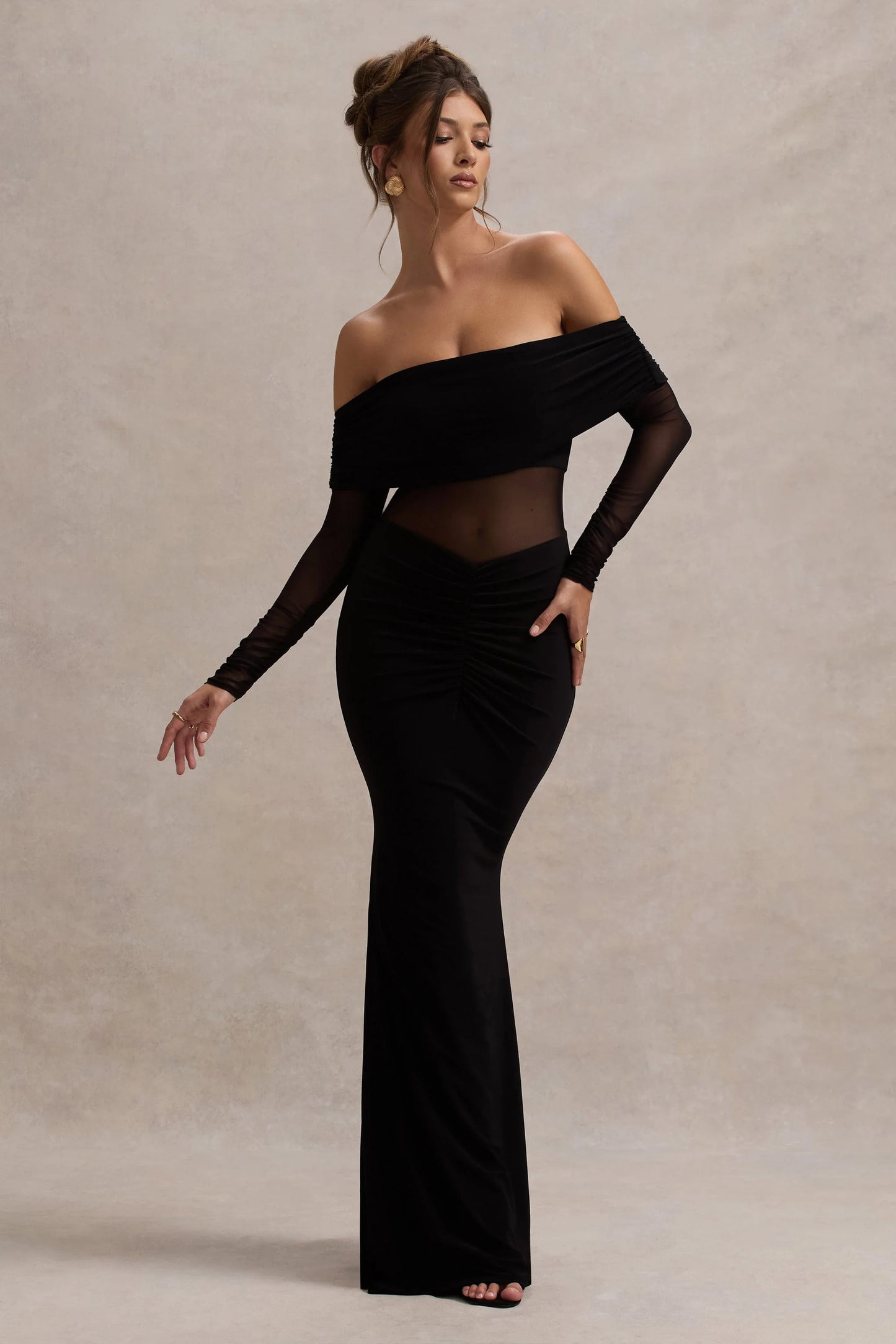 Ismeralda | Black Mesh Ruched Bardot Maxi Dress