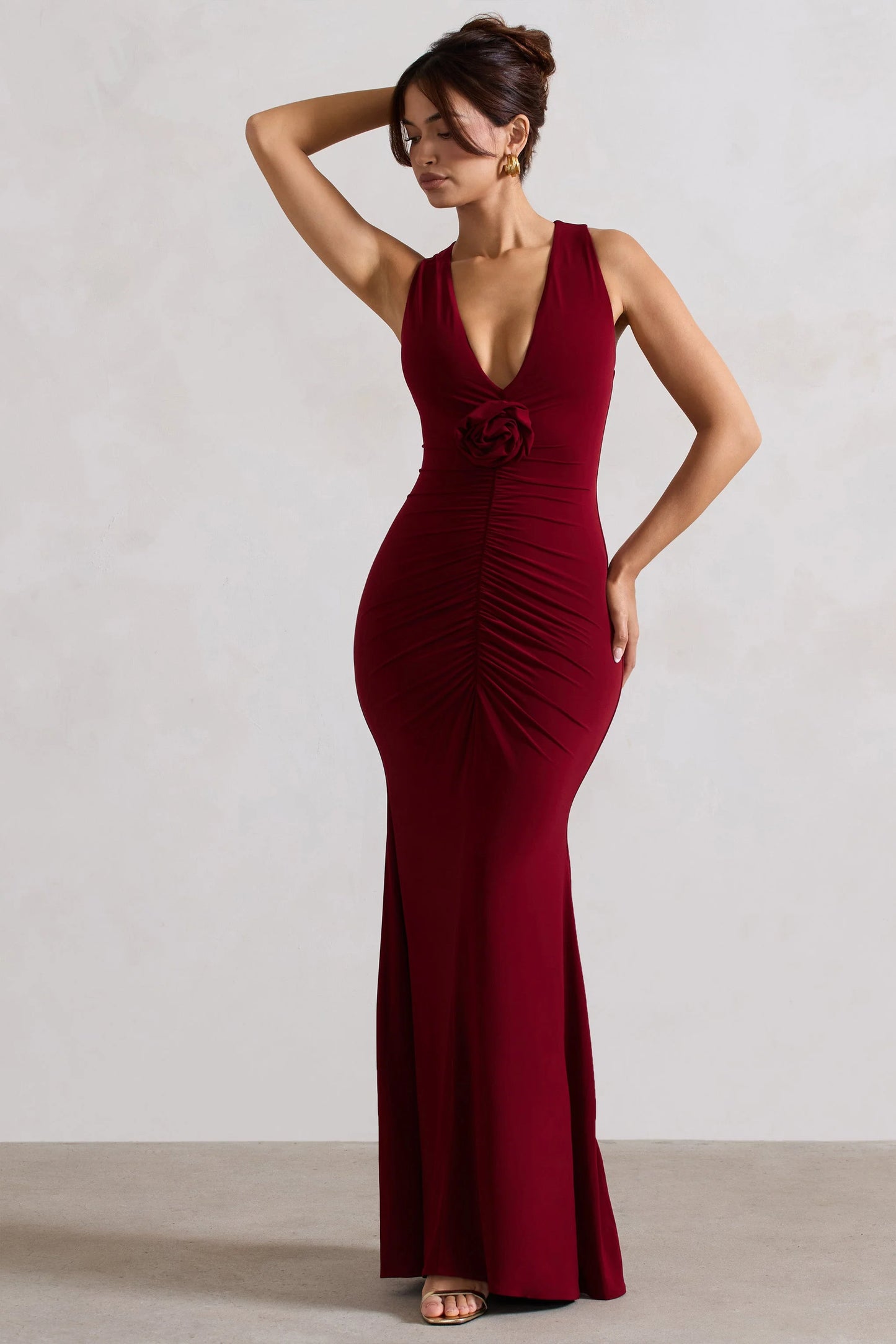 Julianna | Wine Plunge-Neck Ruched Maxi Dress With Corsage