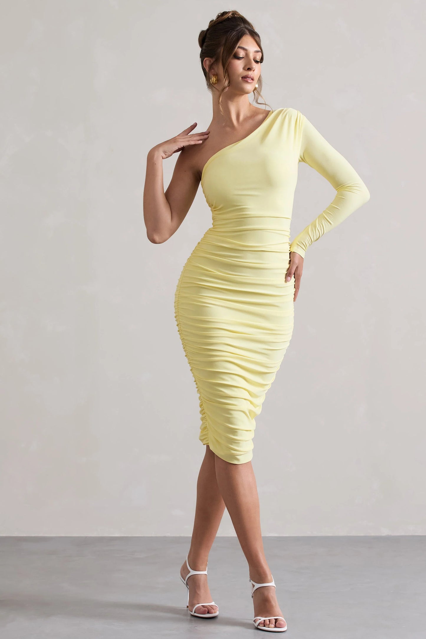 In The Shadows | Yellow One Sleeve Midi Dress With Ruching