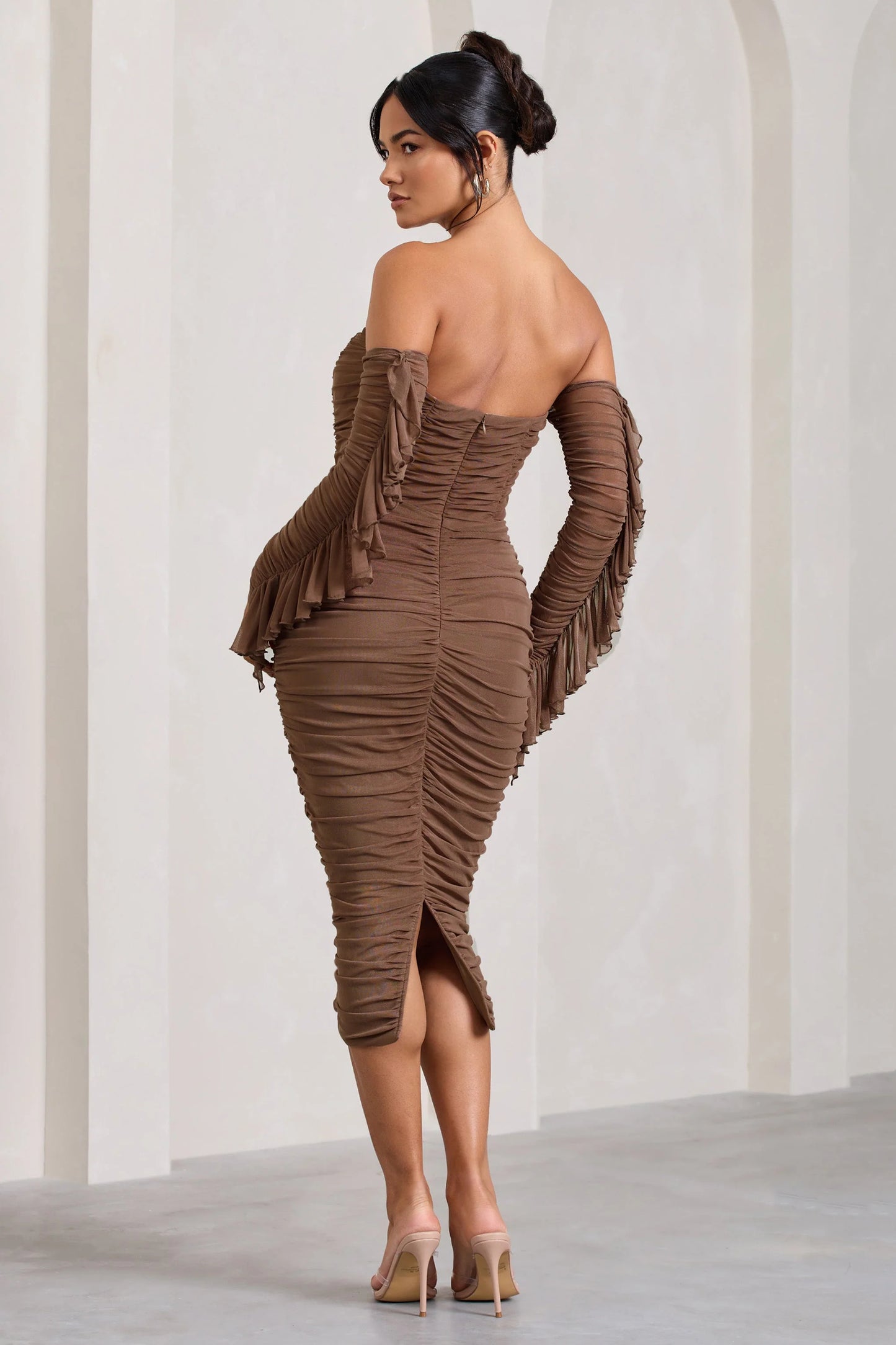 Favor | Mocha Ruched Mesh Bardot Midi Dress