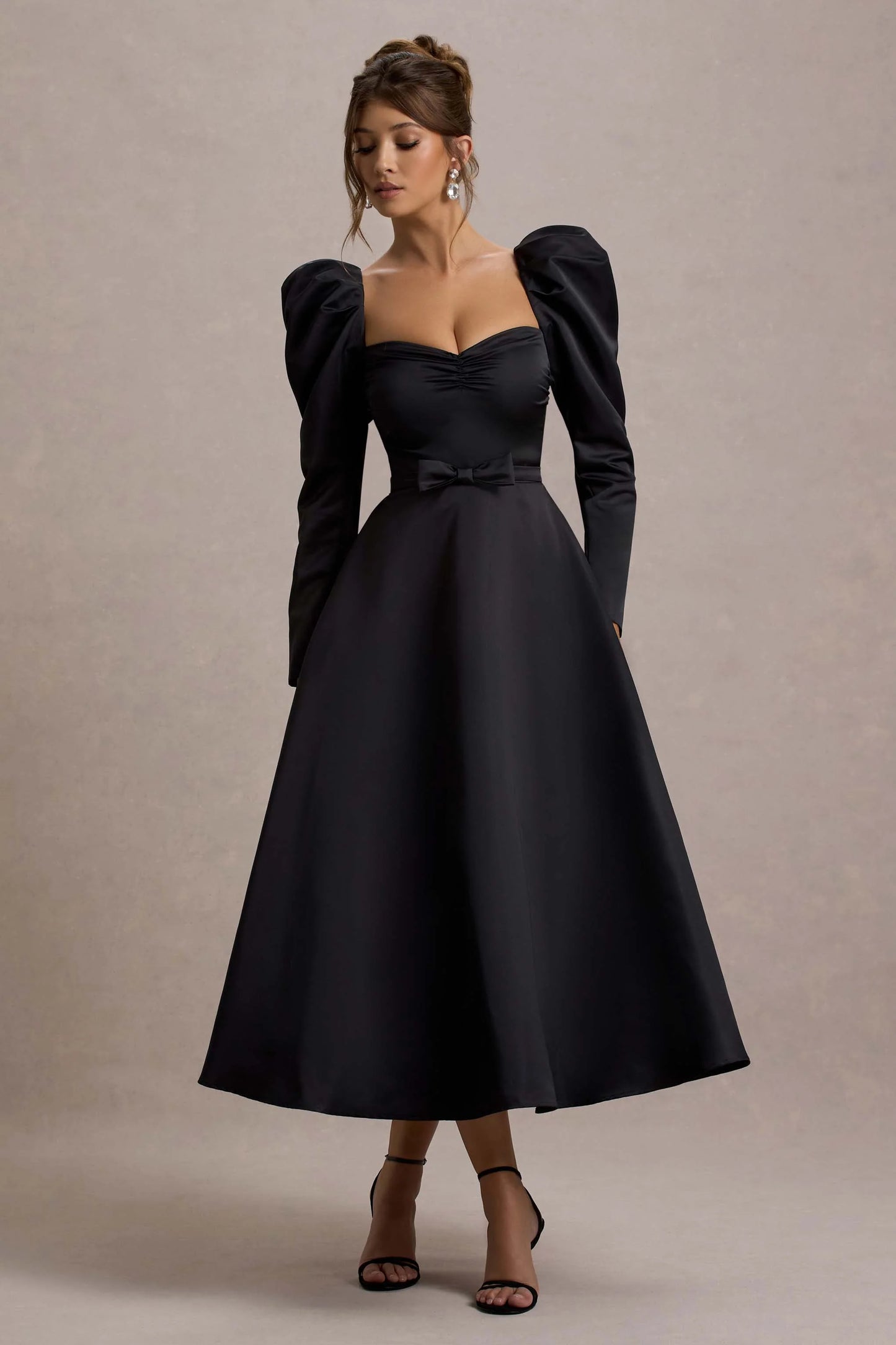 Kansas | Black Square-Neck Puff-Sleeve Belted Midi Dress