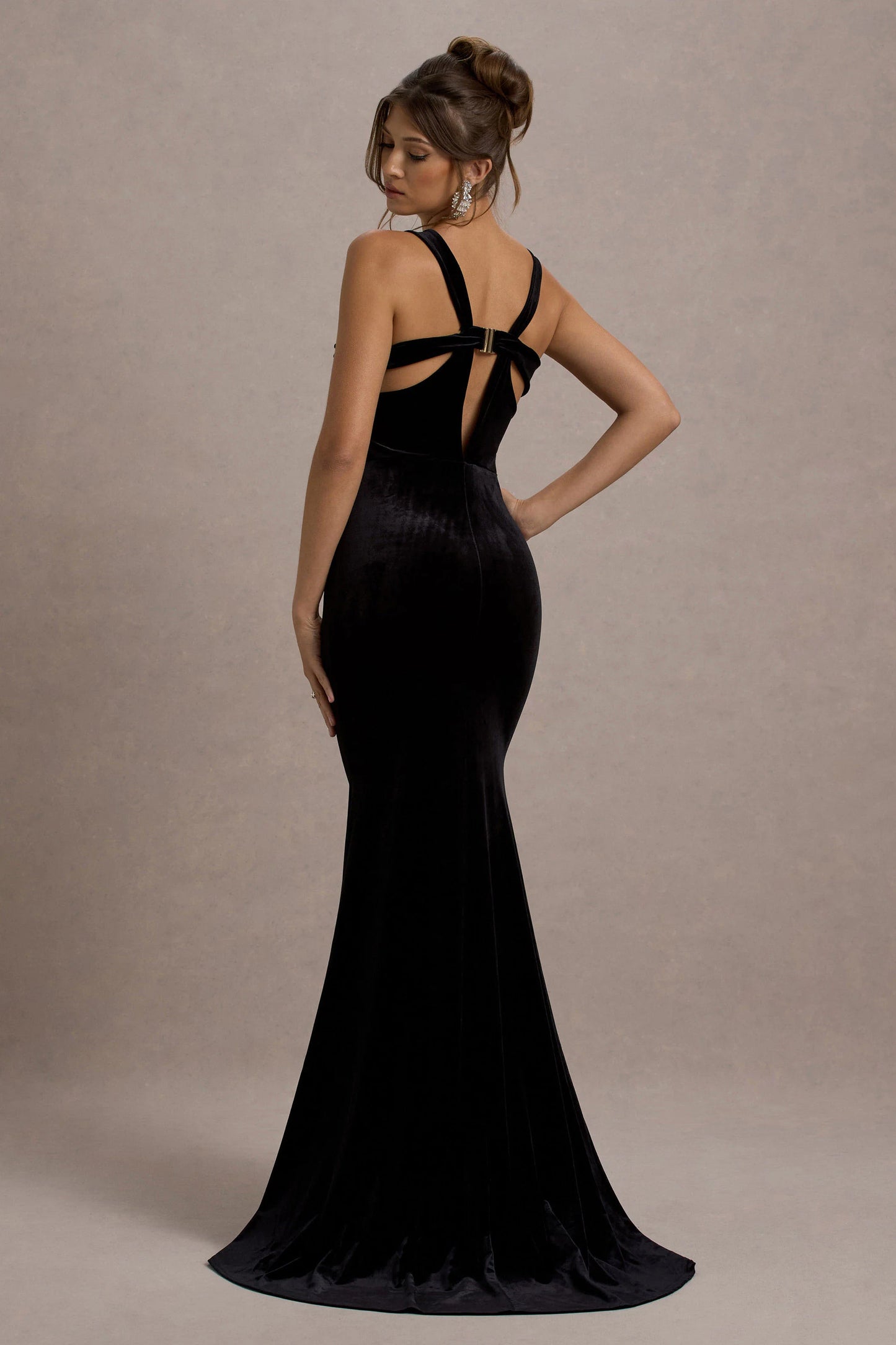 Elisabetta | Black Velvet Plunge-Neck Fishtail Maxi Dress