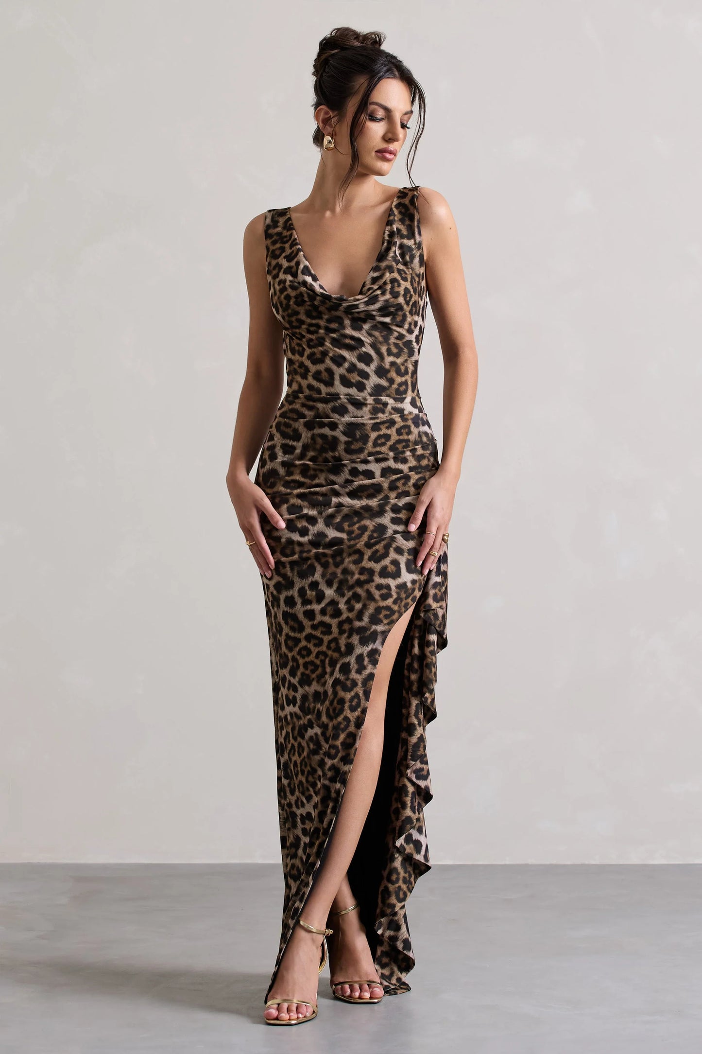 Kaida | Leopard Print Cowl-Neck Ruffled Split Maxi Dress