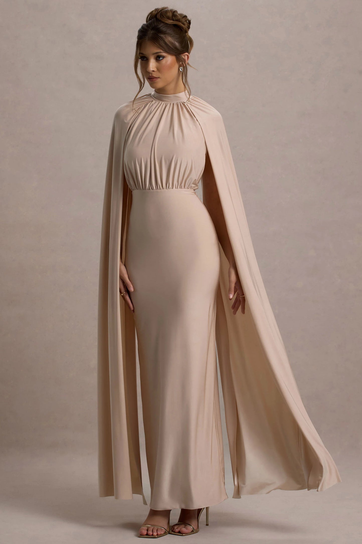 Darielle | Champagne High-Neck Cape-Sleeve Maxi Dress