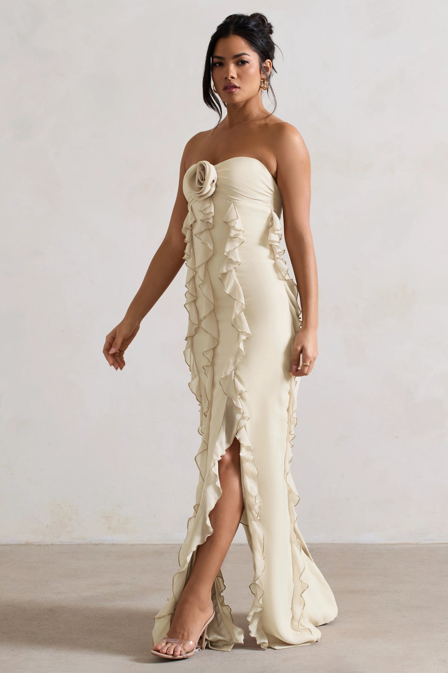 Gardenia | Champagne Strapless Ruffle Maxi Dress With Corsage