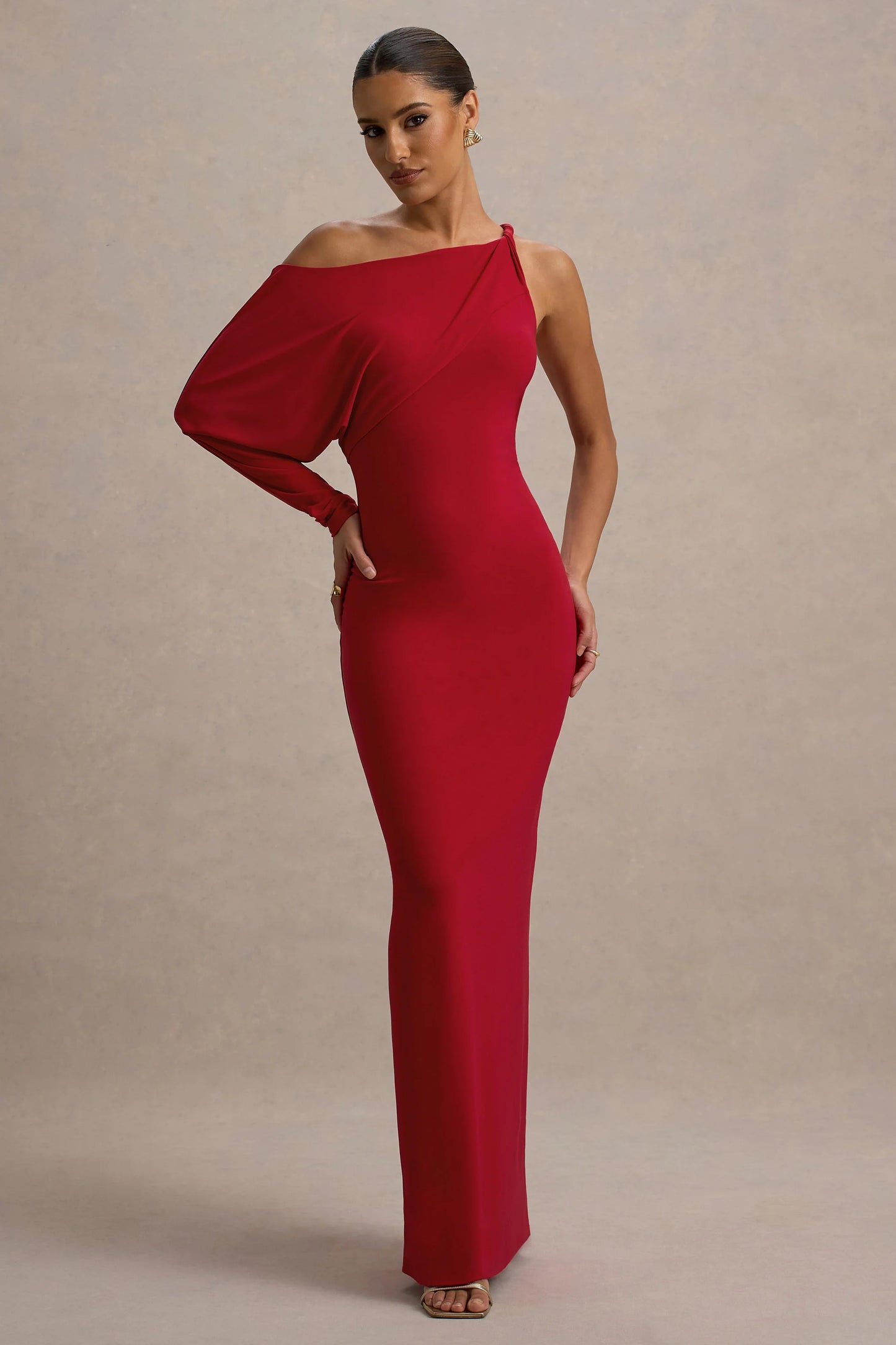 Floria | Red Draped One-Sleeve Maxi Dress