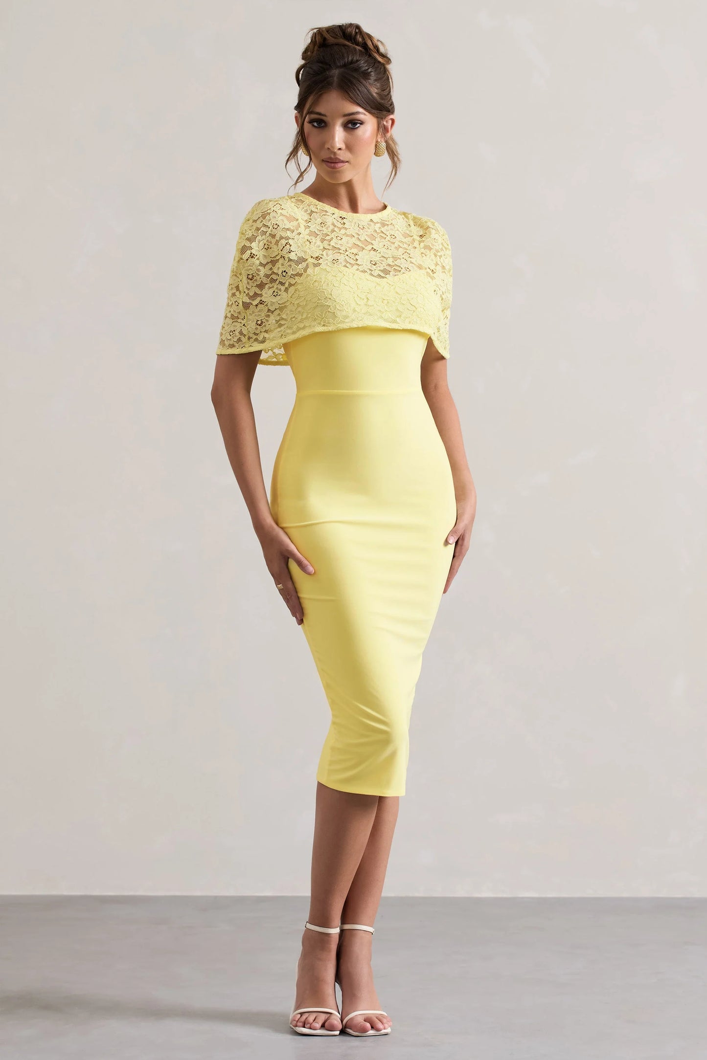 Claudette | Lemon Bodycon Midi Dress With Lace Overlay