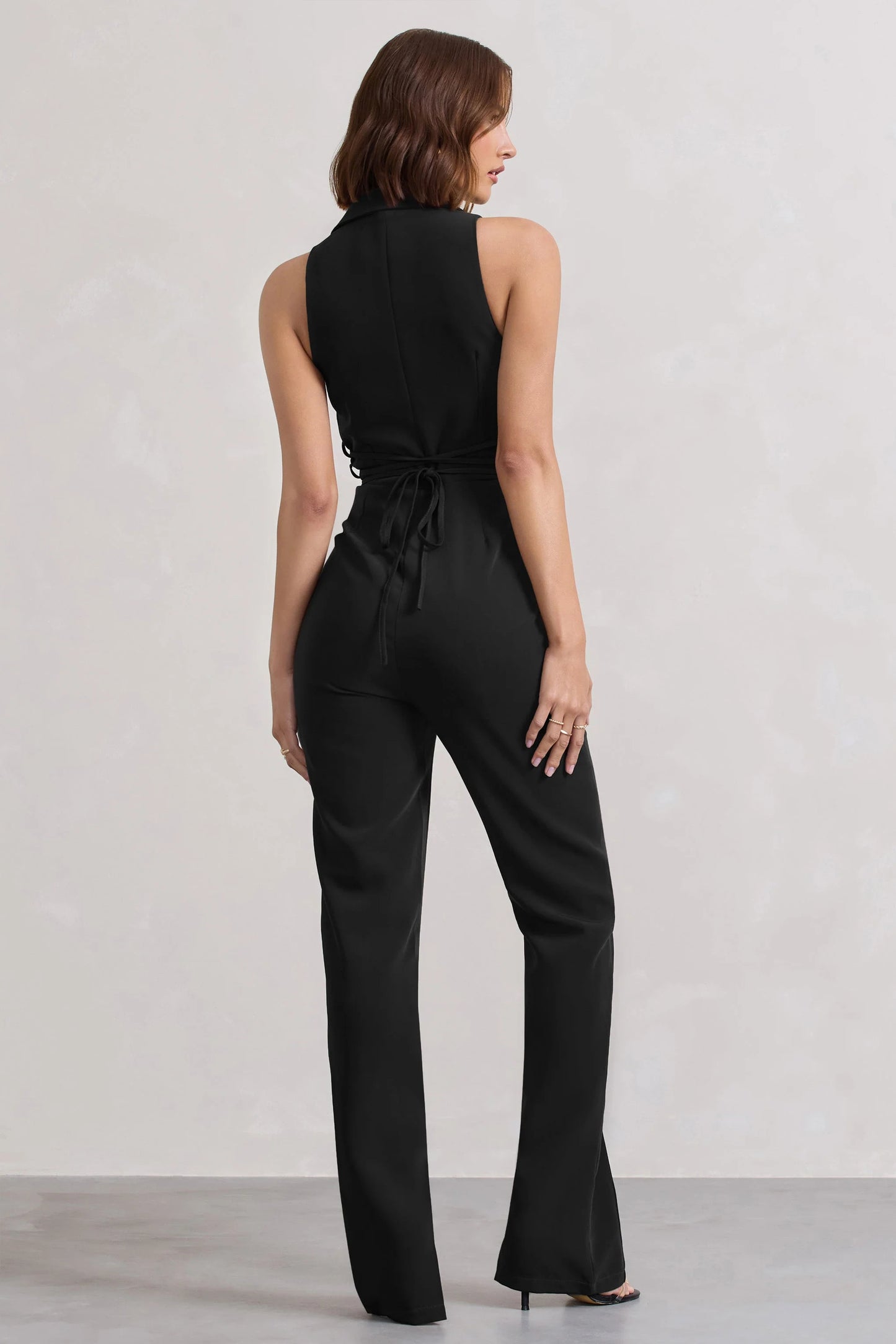 Darcy | Black Plunge Neck Tailored Jumpsuit With Tie Detail