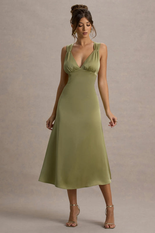 Beck | Light Green Satin Plunge-Neck Cross-Back Midi Dress