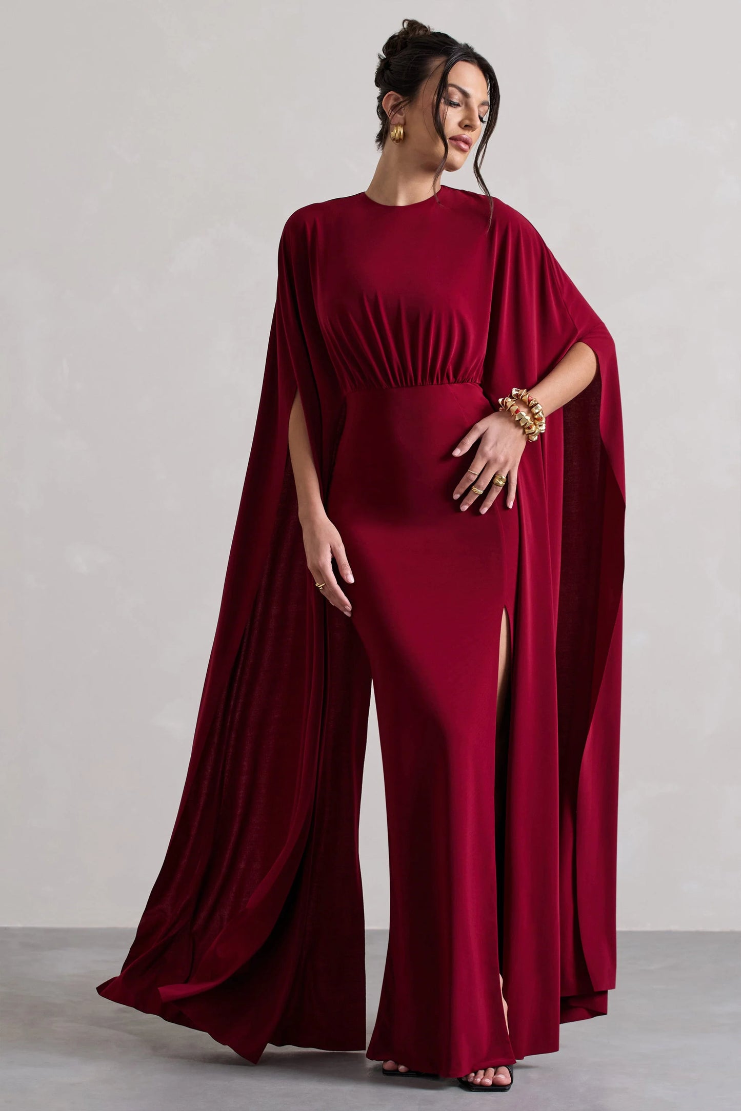 Ilaria | Berry Cape Sleeve Split Maxi Dress