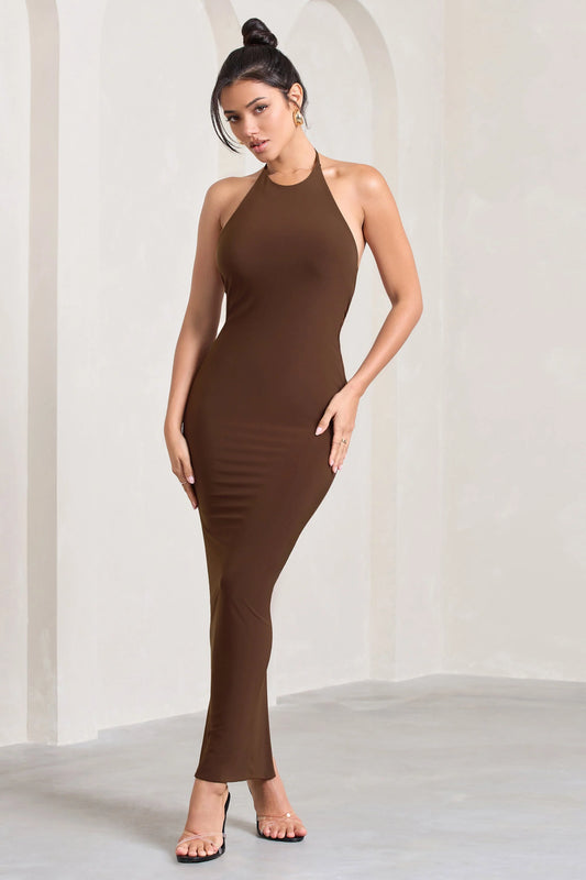 Kirsten | Chocolate Sleeveless Halter-Neck Open-Back Knot Maxi Dress