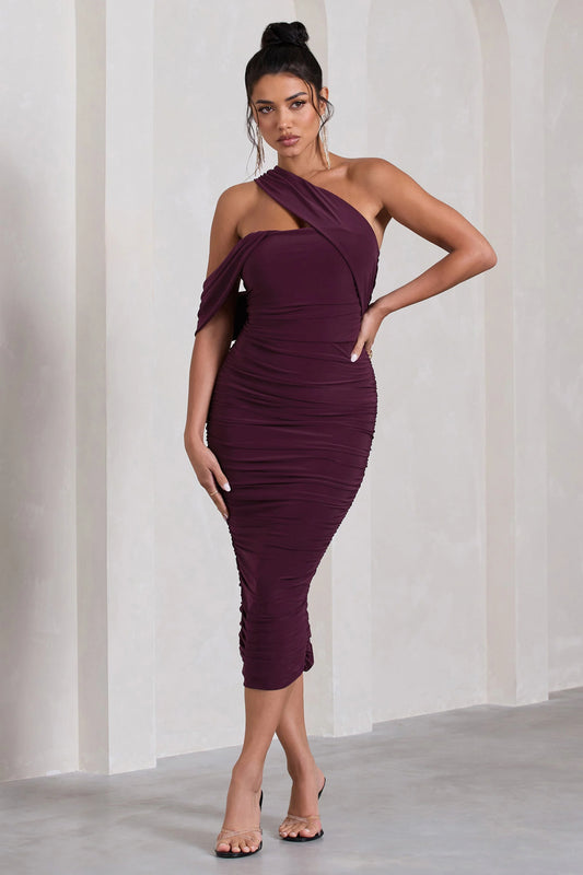 Cici | Plum Asymmetric One Shoulder Ruched Midi Dress