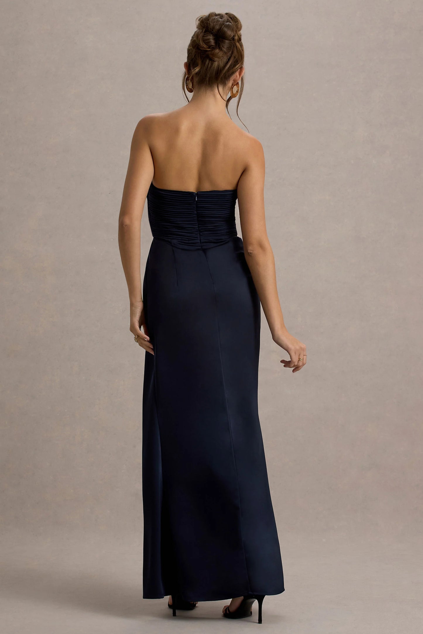 Edel | Navy Satin Strapless Maxi Dress With Drape