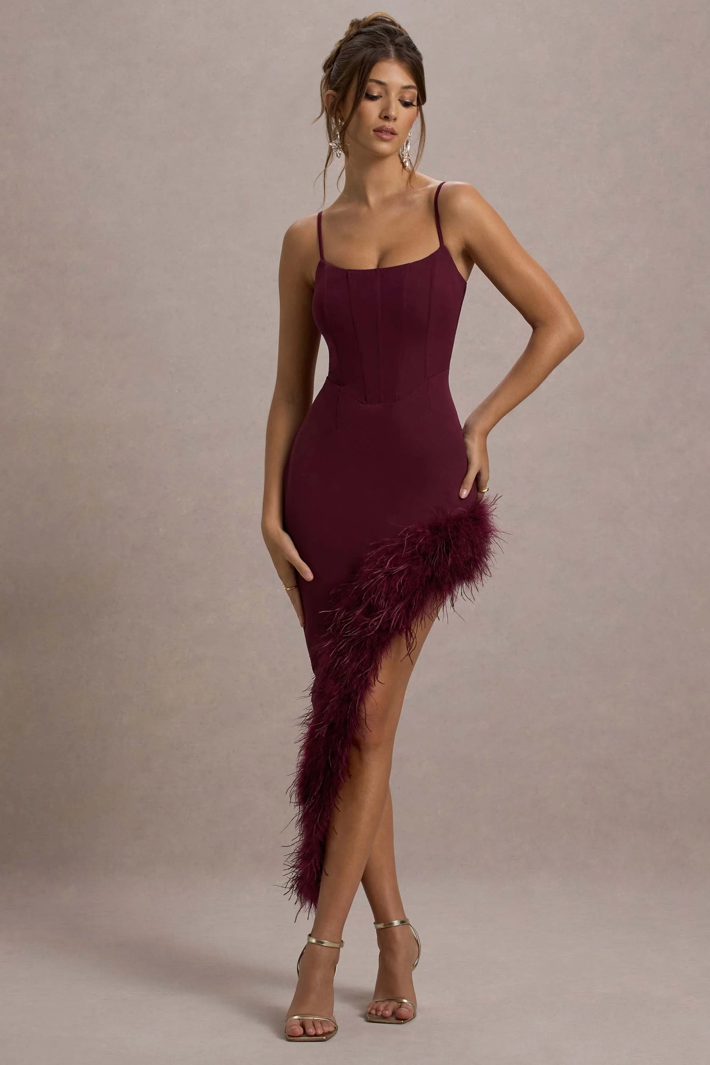 High Status | Burgundy Strappy Corset Asymmetric Maxi Dress With Feather Trim