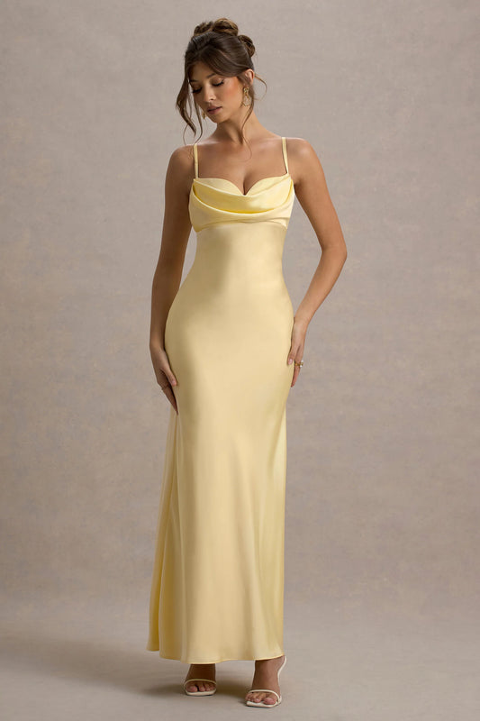 Eimear | Lemon Satin Draped Sweetheart Maxi Dress