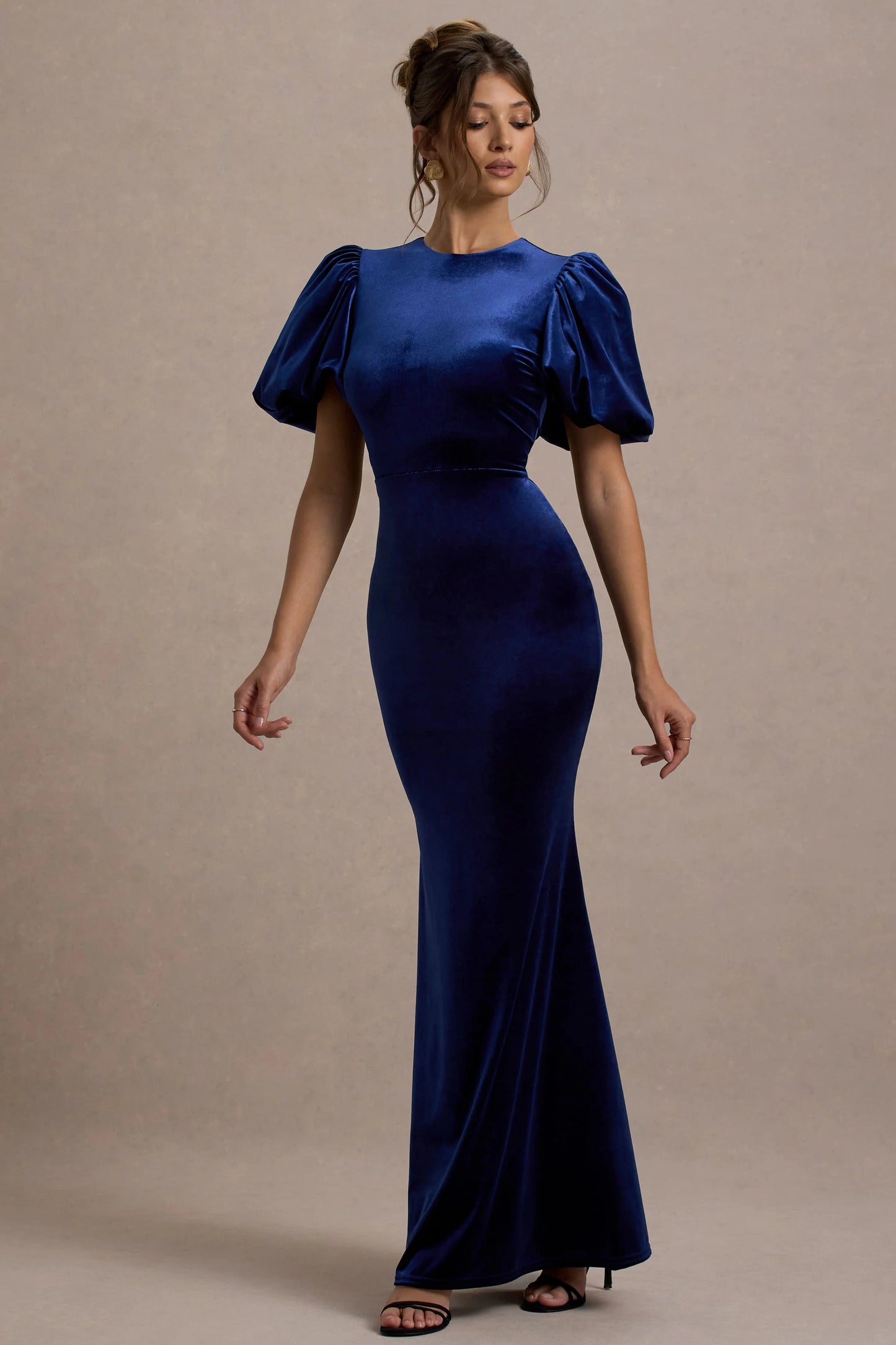 Ashlin | Navy Velvet Puff-Sleeve Maxi Dress