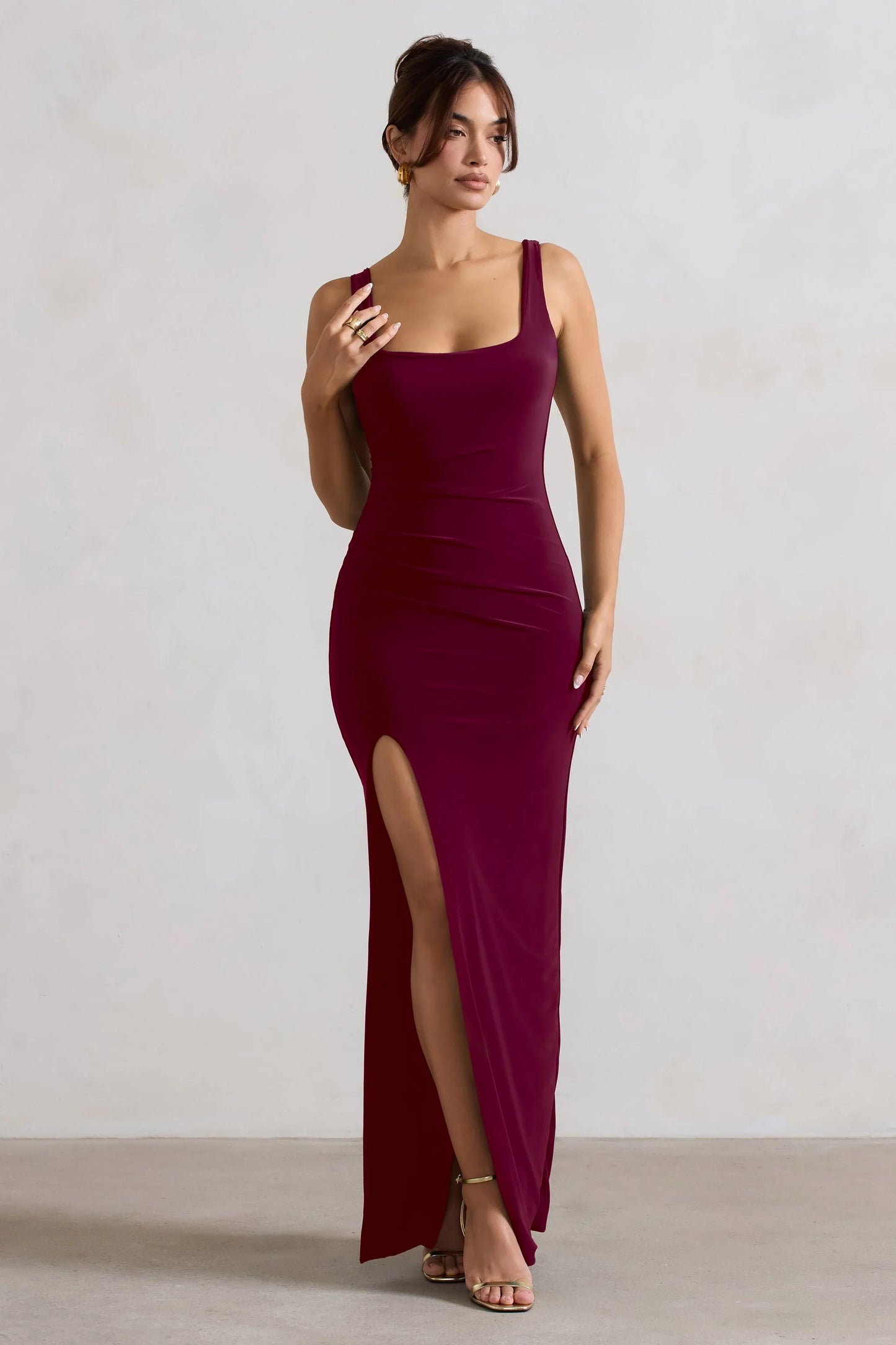 Kate | Berry Square Neck Maxi Dress with Plunge Back and Side Thigh Split