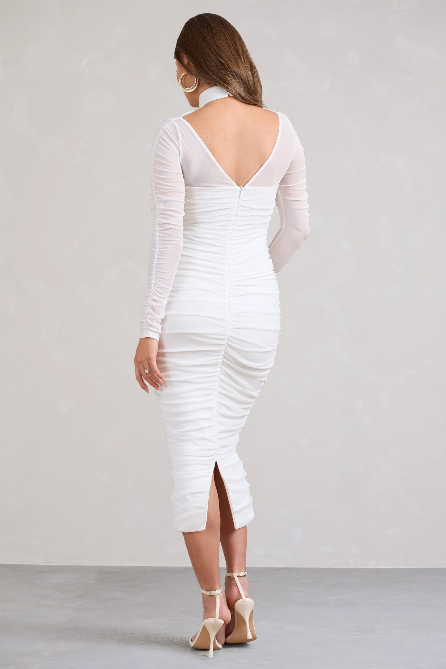 Lady In Waiting | White Ruched Mesh Long-Sleeved Maternity Midi Dress