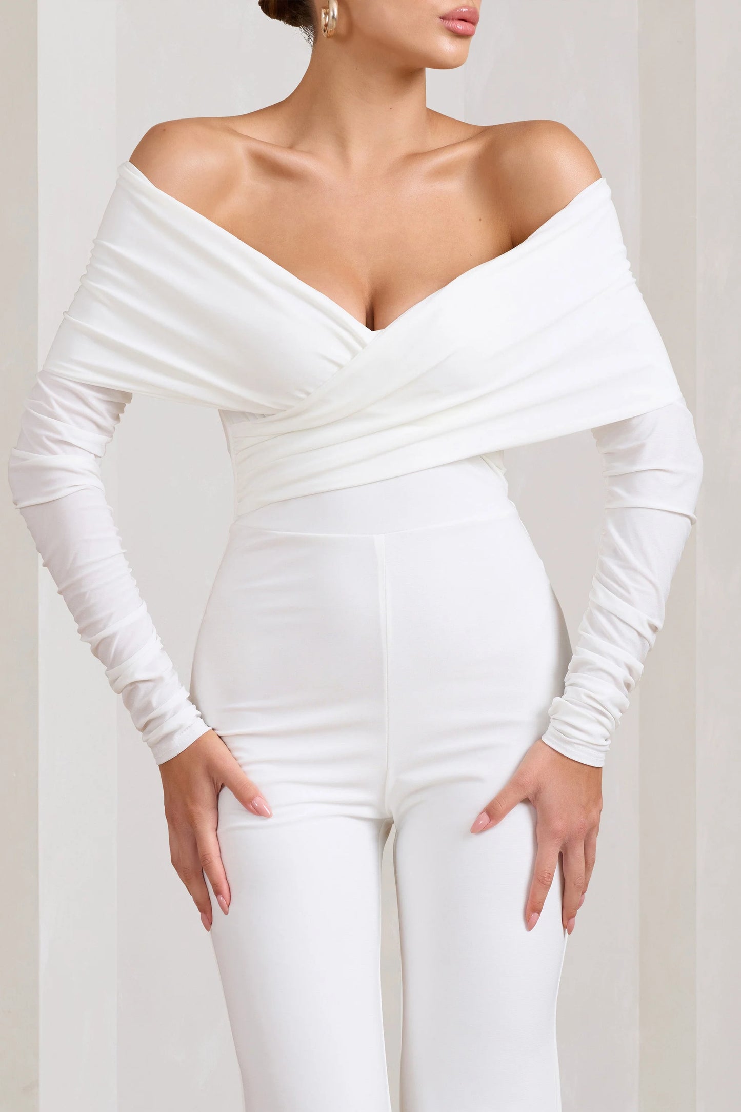 Hand On Heart | White Twist Front Bardot Long Sleeve Jumpsuit