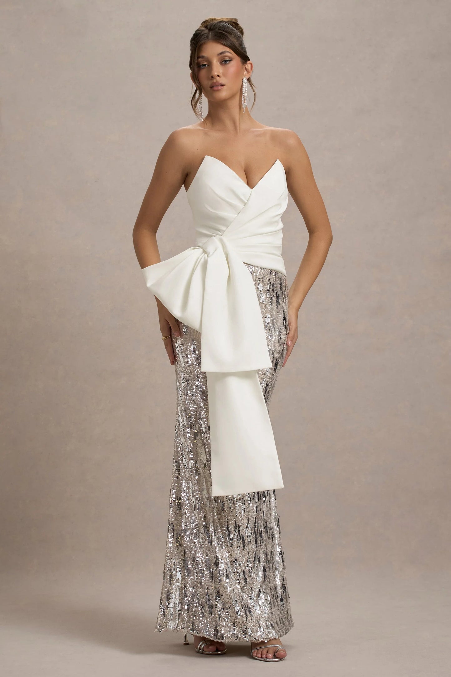 Ceres | Ecru Strapless Draped Maxi Dress With Sequin Skirt