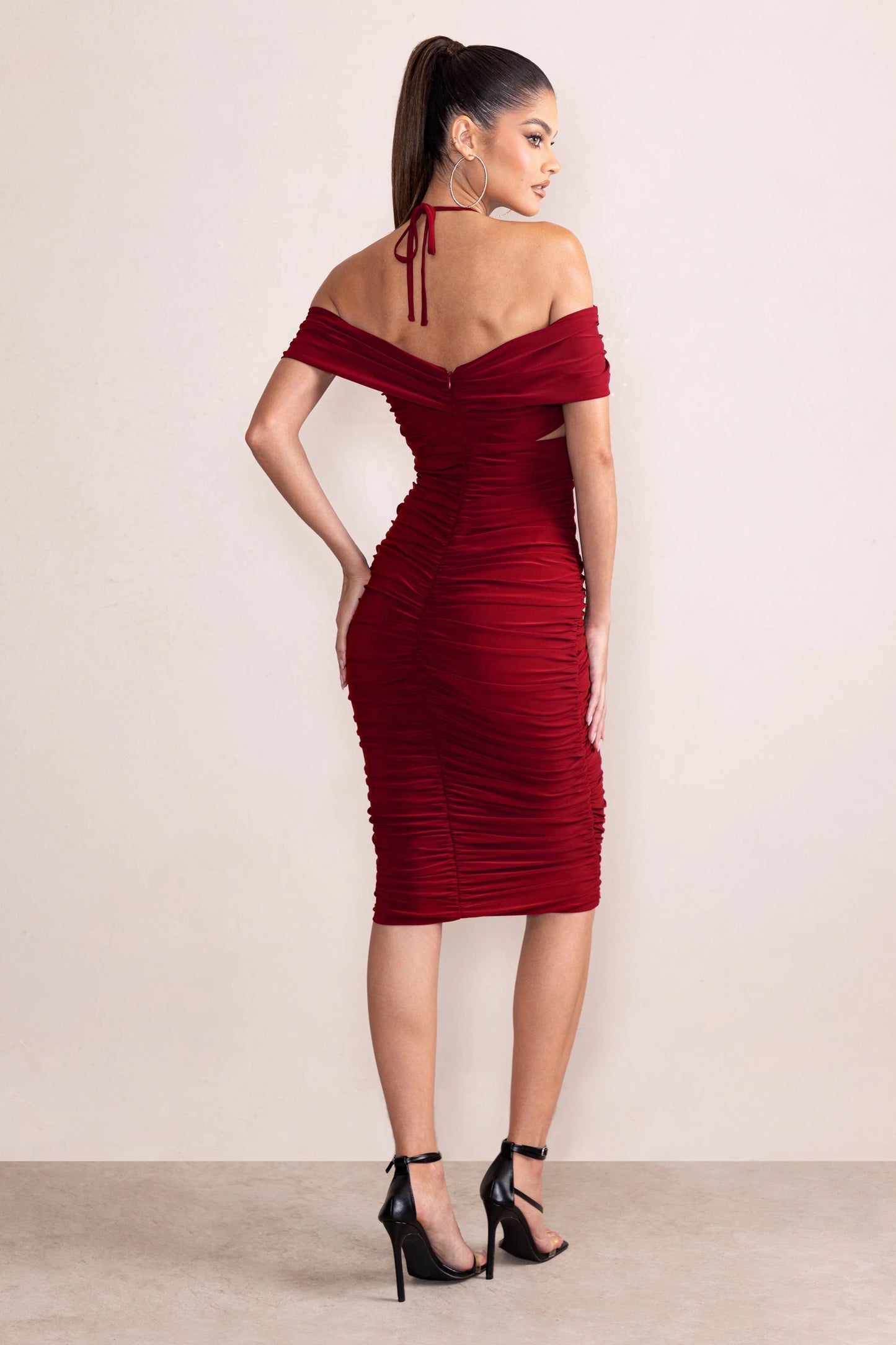 Dulcie | Burgundy Halter Neck Cut Out Ruched Midi Dress