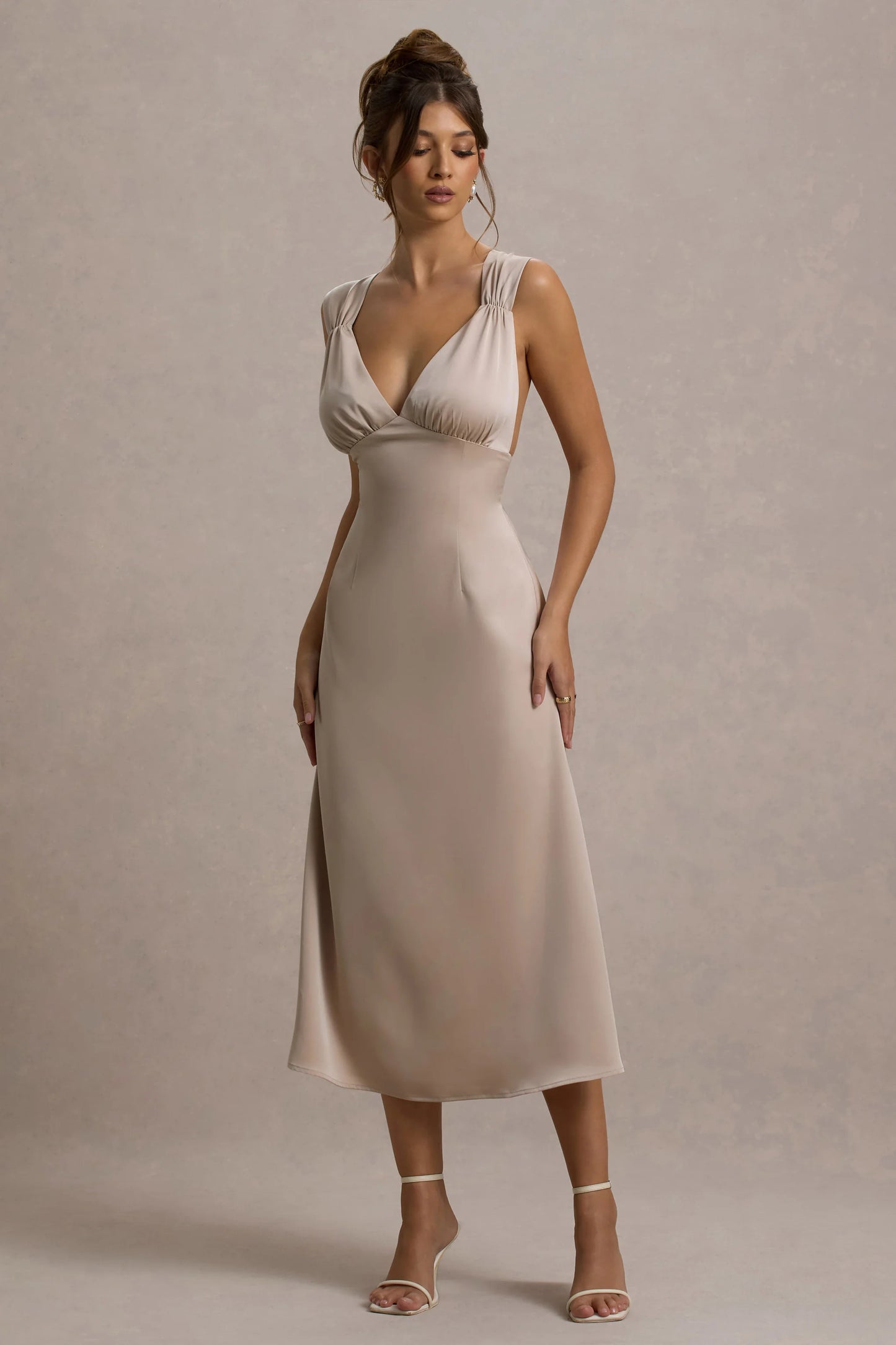 Beck | Champagne Satin Plunge-Neck Cross-Back Midi Dress