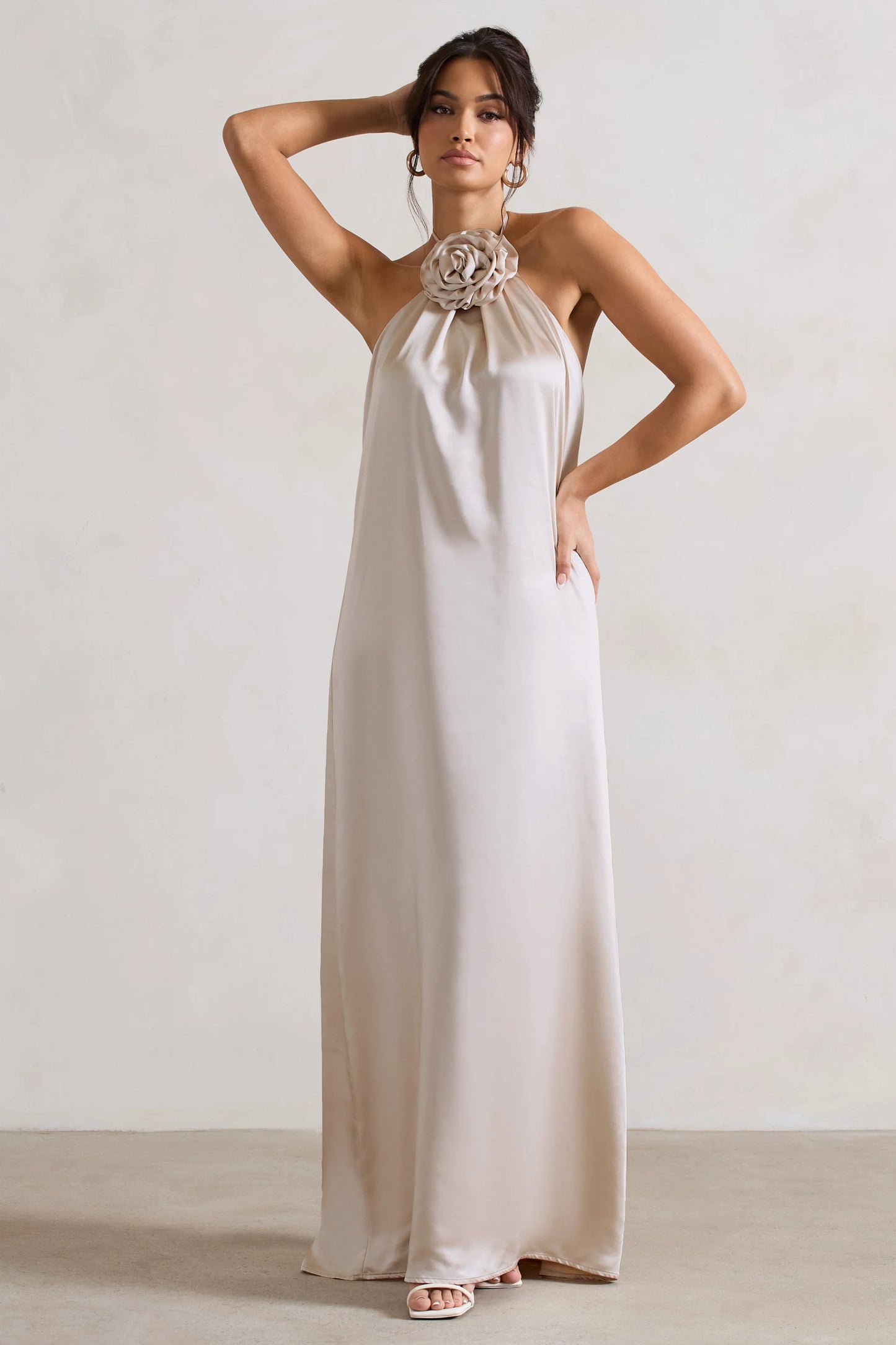 Everleigh | Cream Satin Relaxed Fit Maxi Column Dress With Corsage